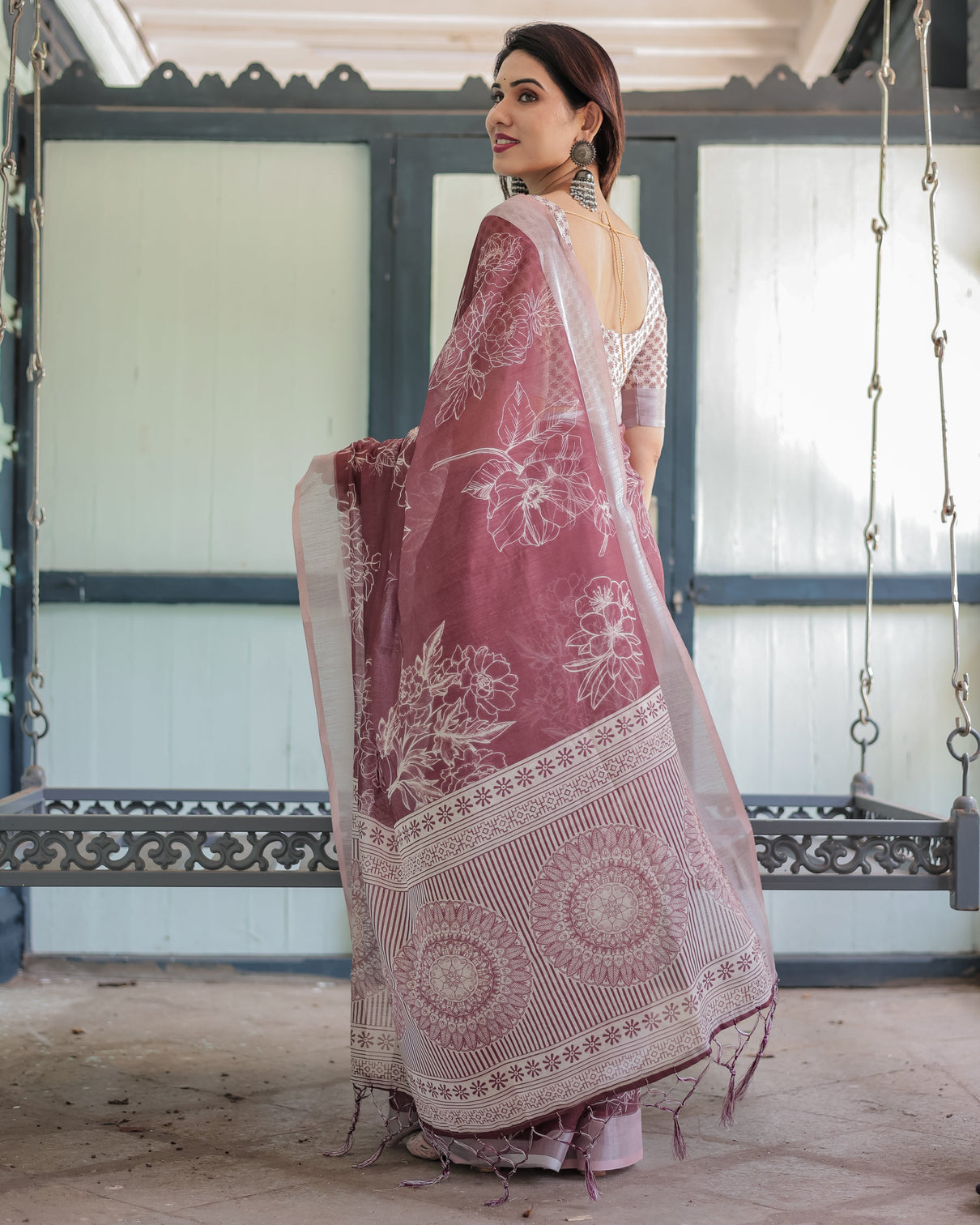 Maroon floral printed pure cotton linen saree with blouse and tassels