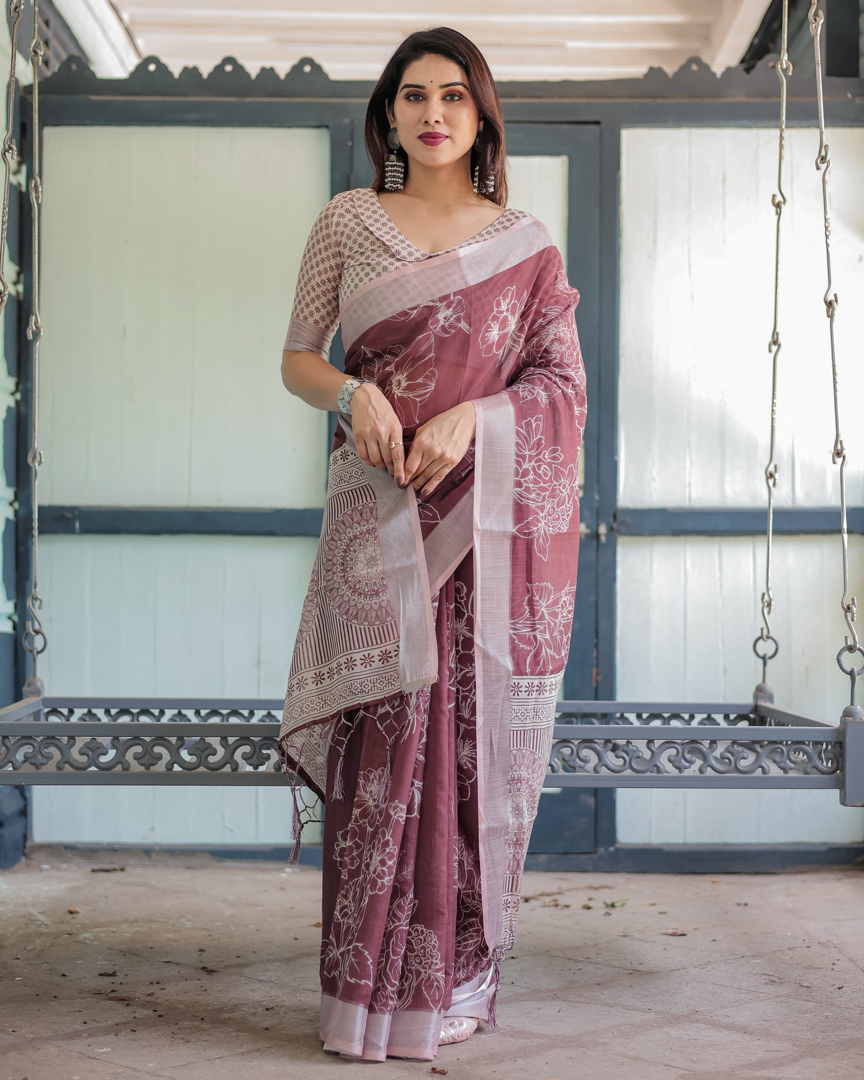 Maroon floral printed pure cotton linen saree with blouse and tassels