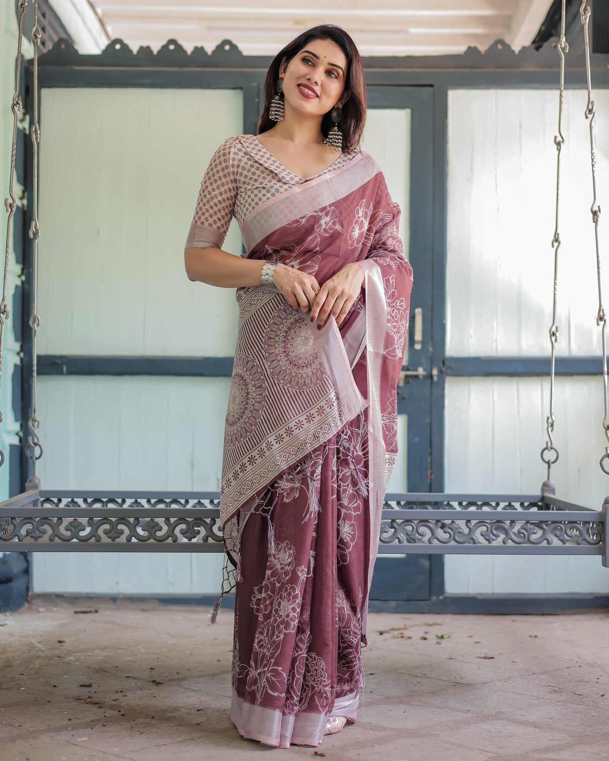 Maroon floral printed pure cotton linen saree with blouse and tassels