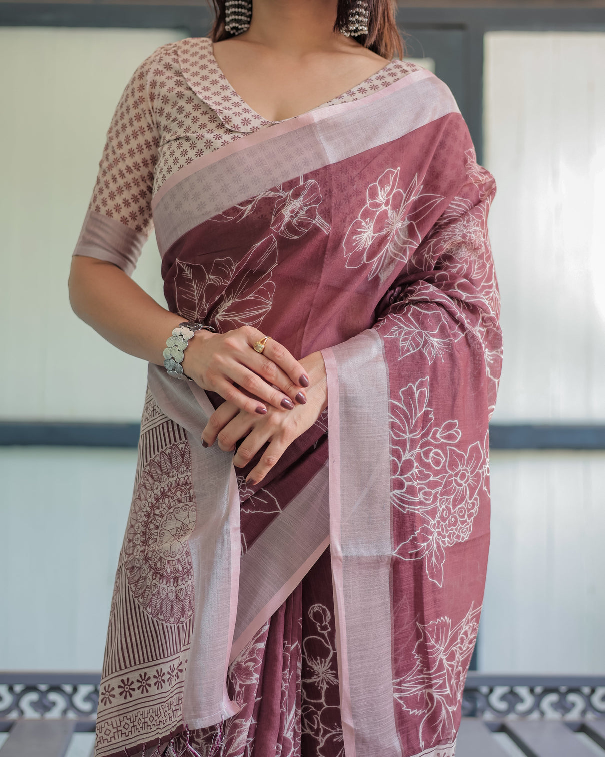 Maroon floral printed pure cotton linen saree with blouse and tassels