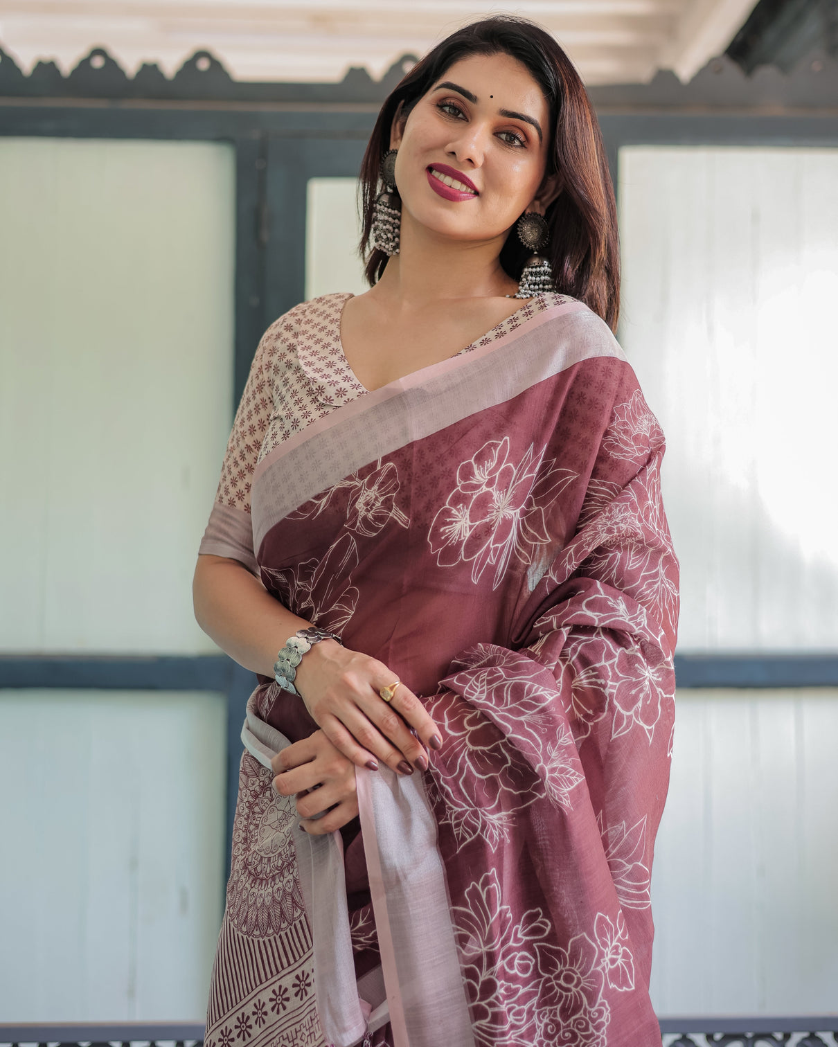 Maroon floral printed pure cotton linen saree with blouse and tassels