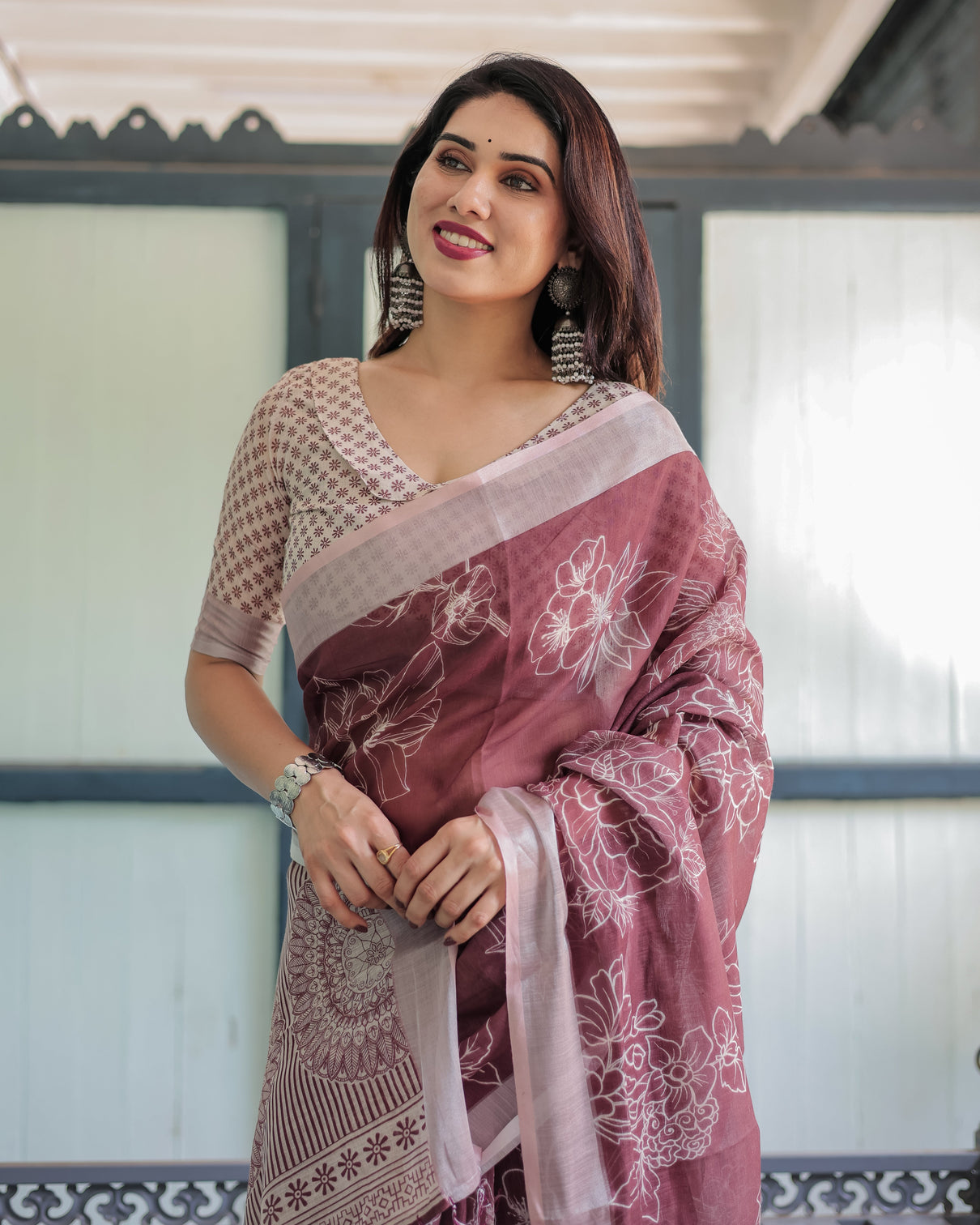 Maroon floral printed pure cotton linen saree with blouse and tassels