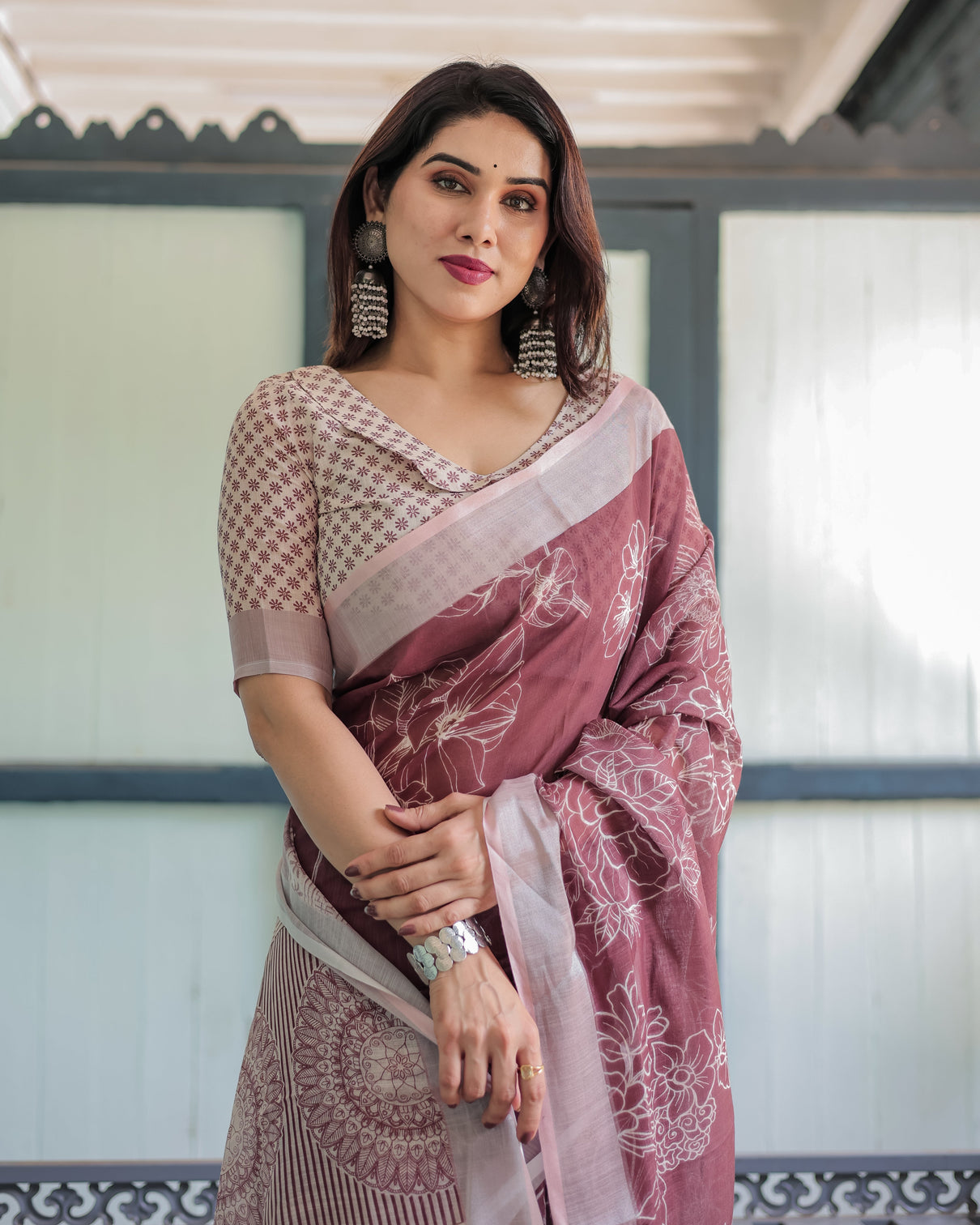 Maroon floral printed pure cotton linen saree with blouse and tassels