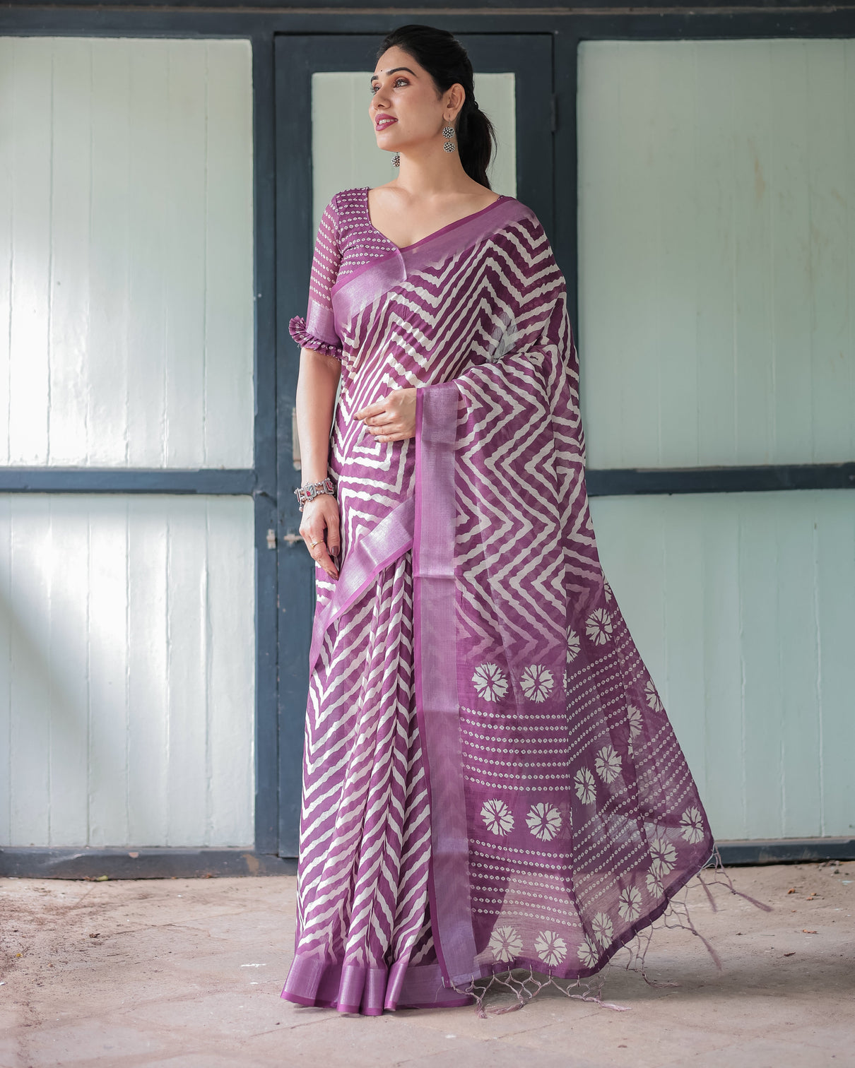 Purple and white zigzag patterned pure cotton linen saree with blouse and tassel edges mameraa