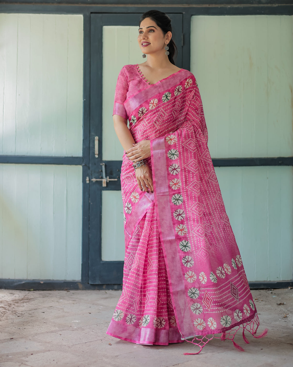Fuchsia pink handcrafted cotton linen saree with geometric print and tassels