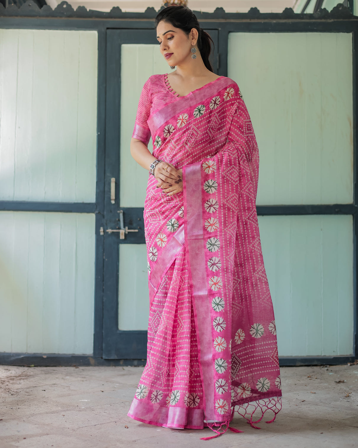 Fuchsia pink handcrafted cotton linen saree with geometric print and tassels