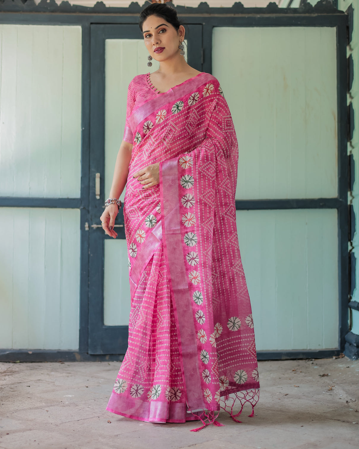 Fuchsia pink handcrafted cotton linen saree with geometric print and tassels