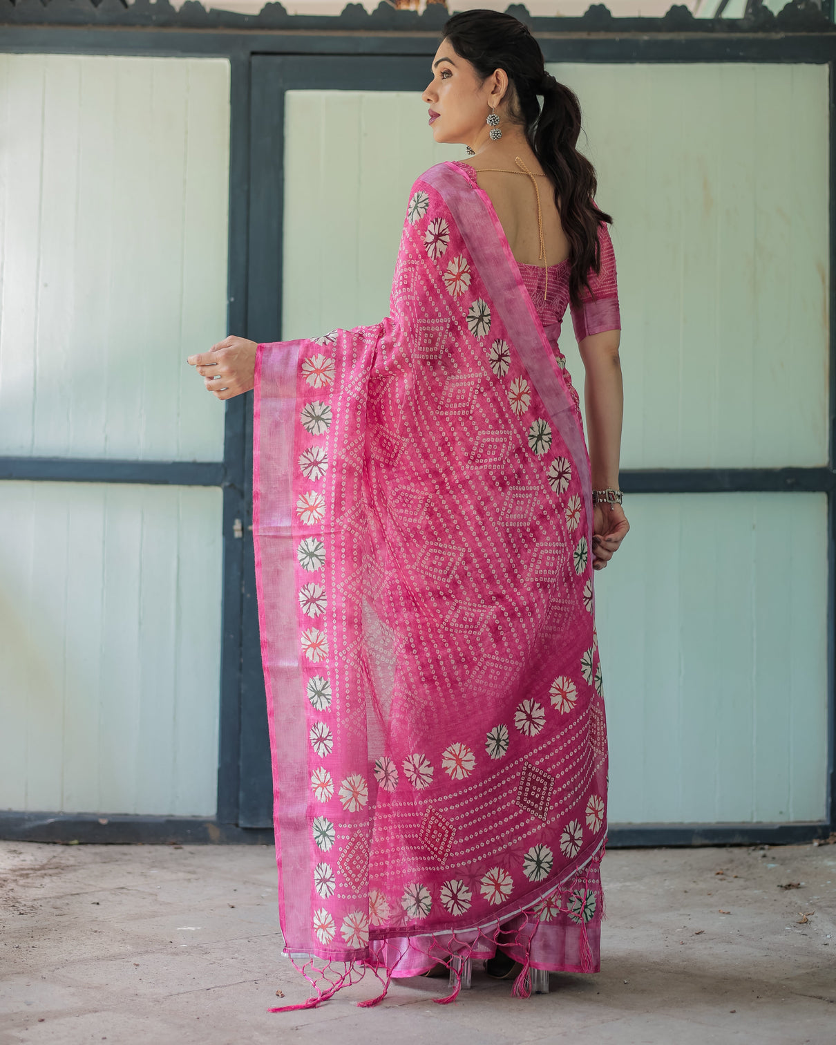 Fuchsia pink handcrafted cotton linen saree with geometric print and tassels
