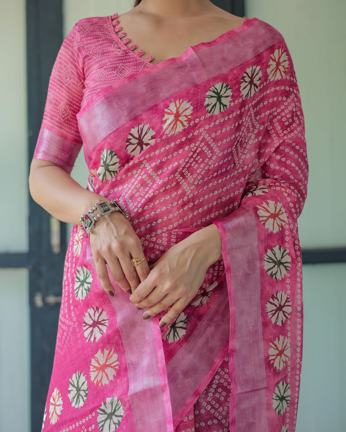 Fuchsia pink handcrafted cotton linen saree with geometric print and tassels