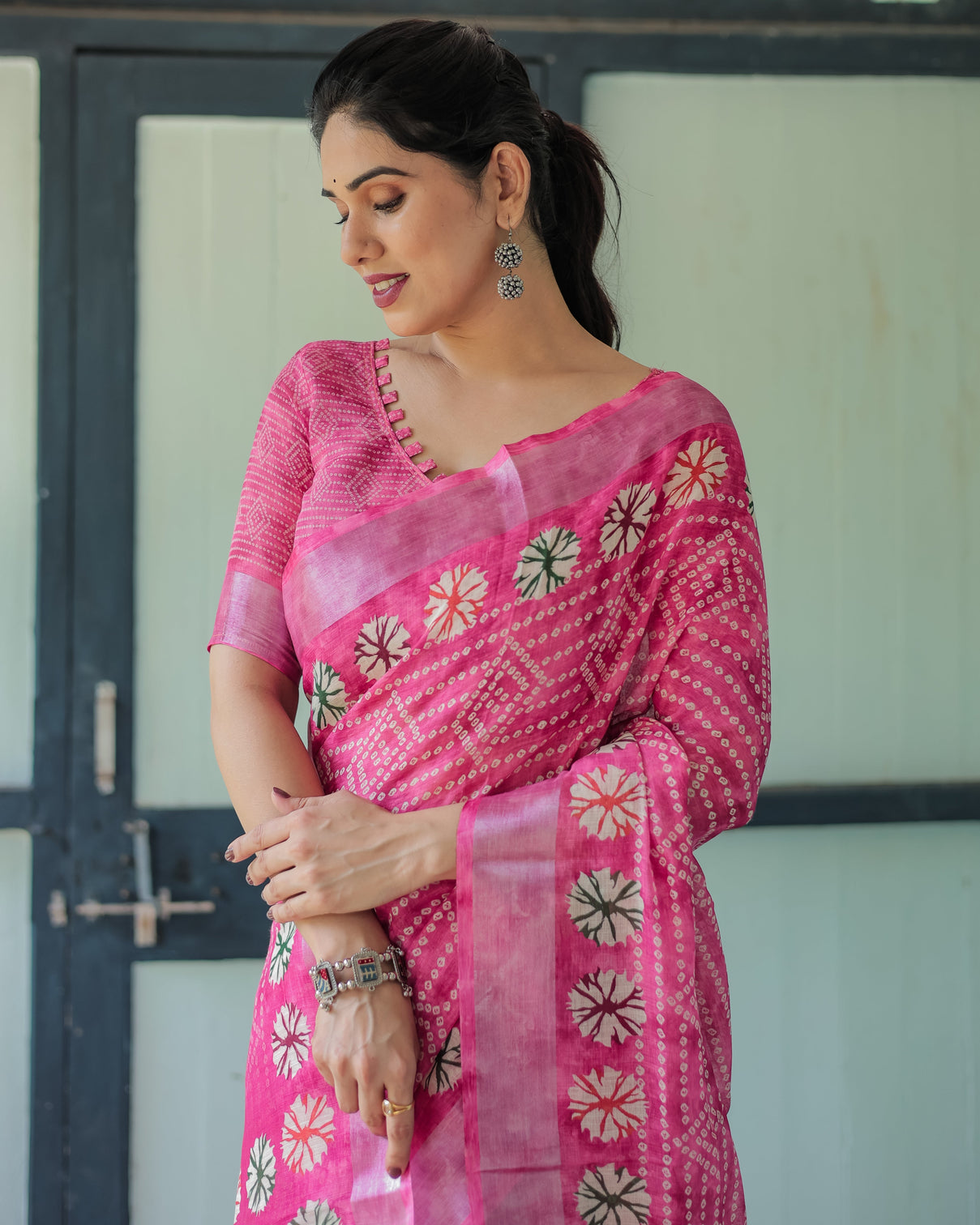 Fuchsia pink handcrafted cotton linen saree with geometric print and tassels