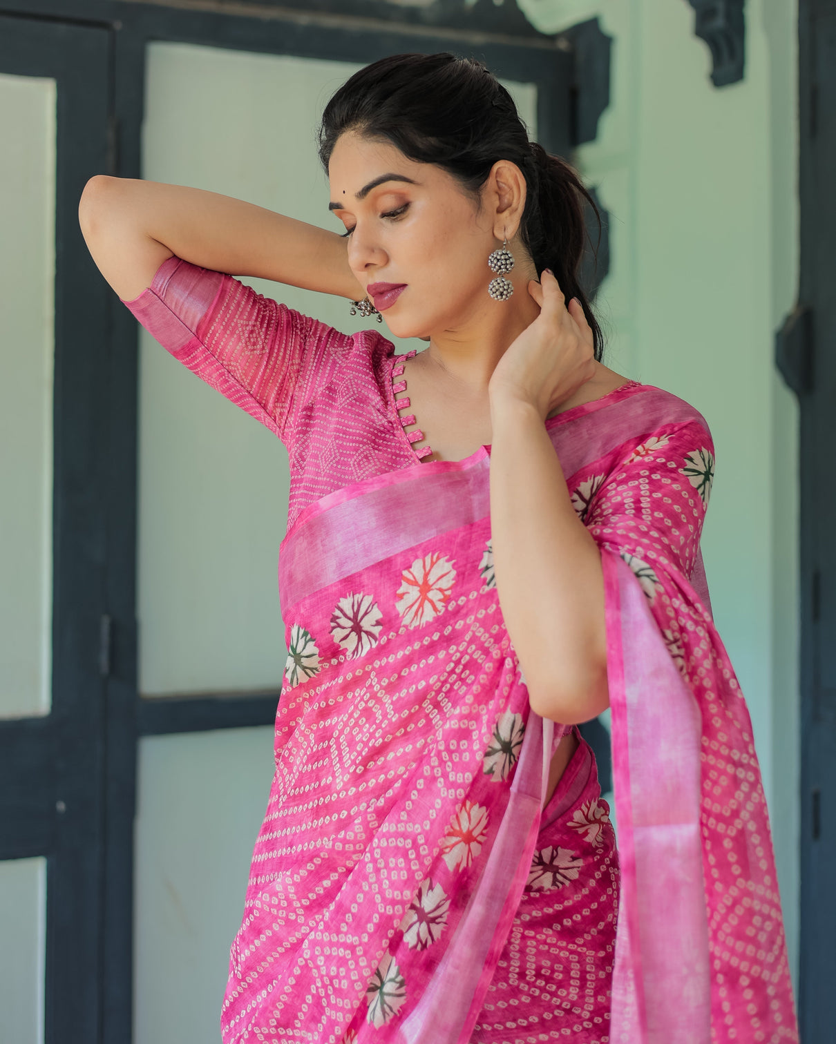 Fuchsia pink handcrafted cotton linen saree with geometric print and tassels
