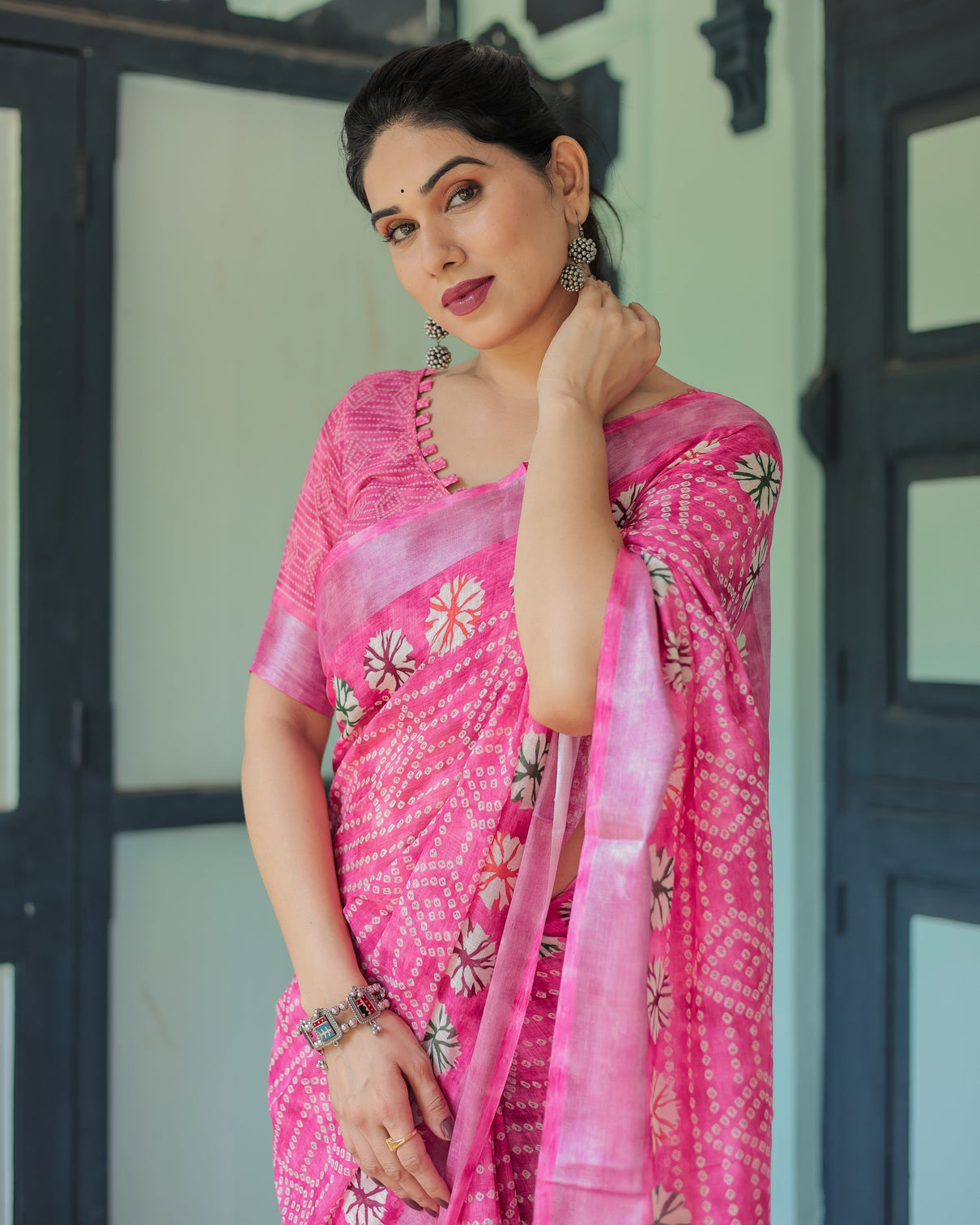 Fuchsia pink handcrafted cotton linen saree with geometric print and tassels