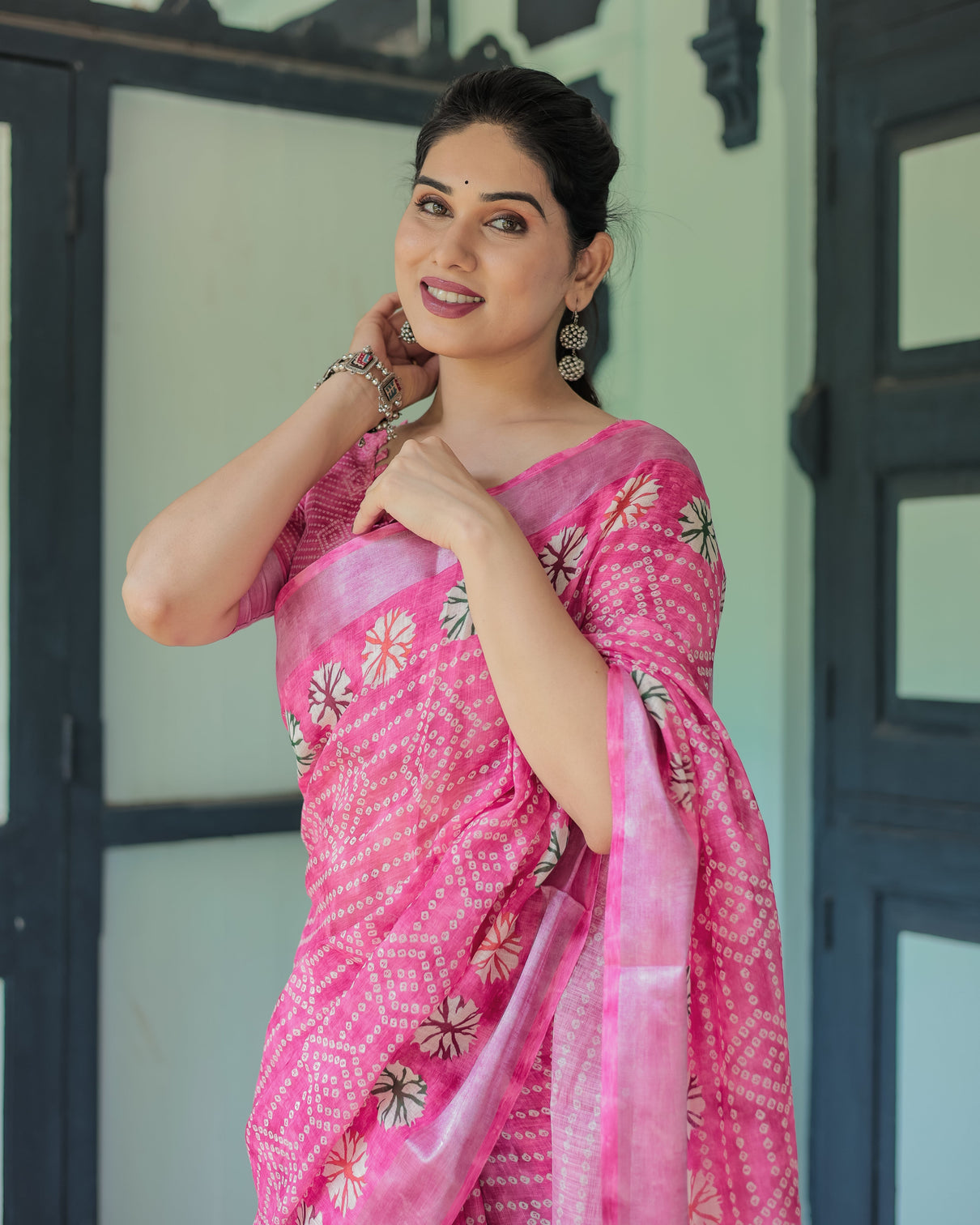 Fuchsia pink handcrafted cotton linen saree with geometric print and tassels