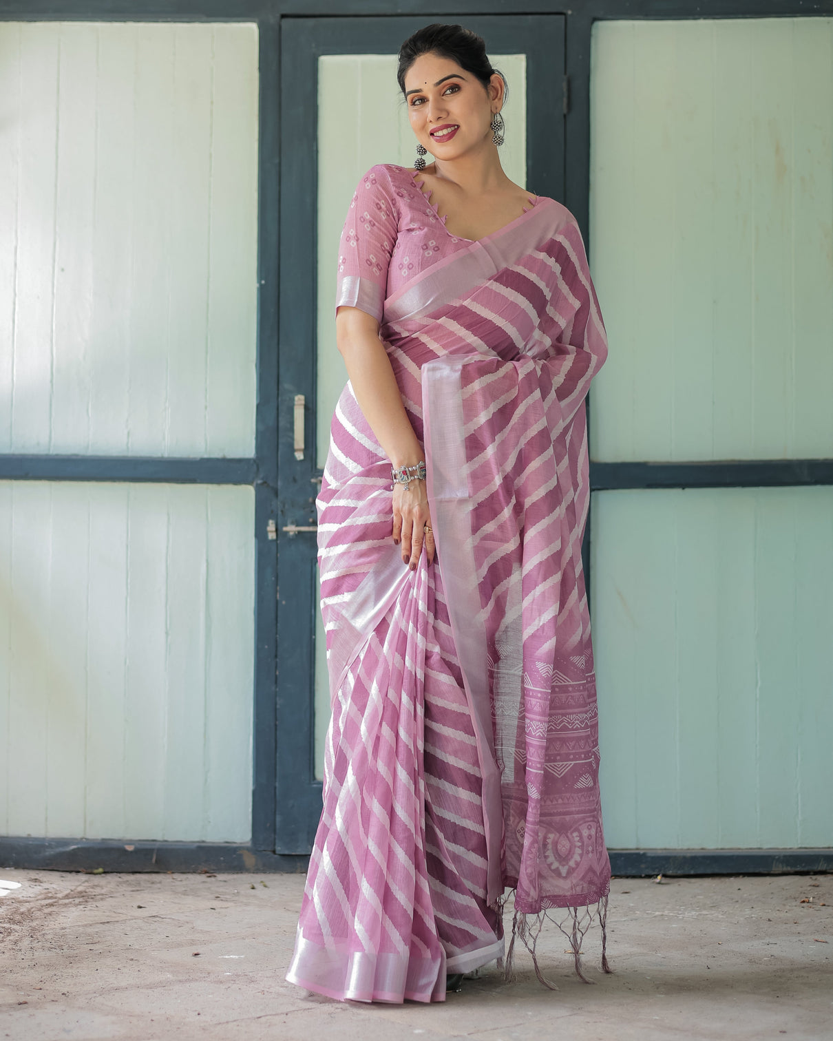 Purple chevron print pure cotton linen saree with blouse and tassels