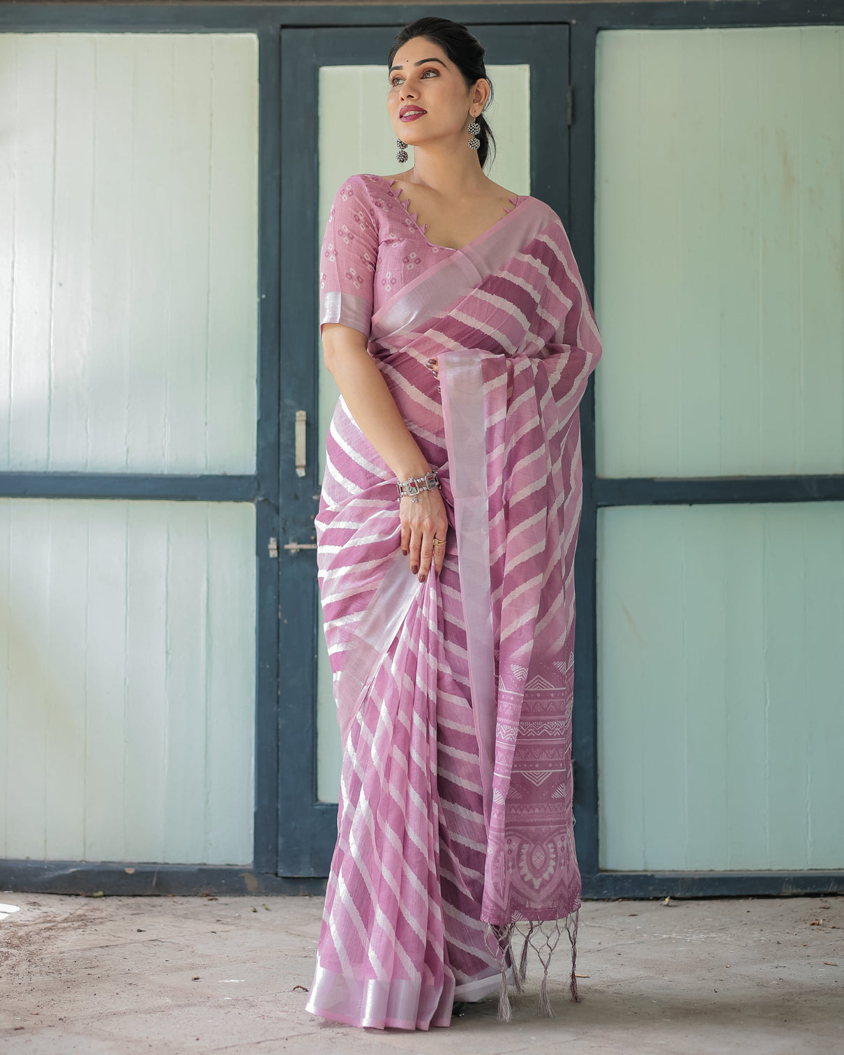 Purple chevron print pure cotton linen saree with blouse and tassels mameraa