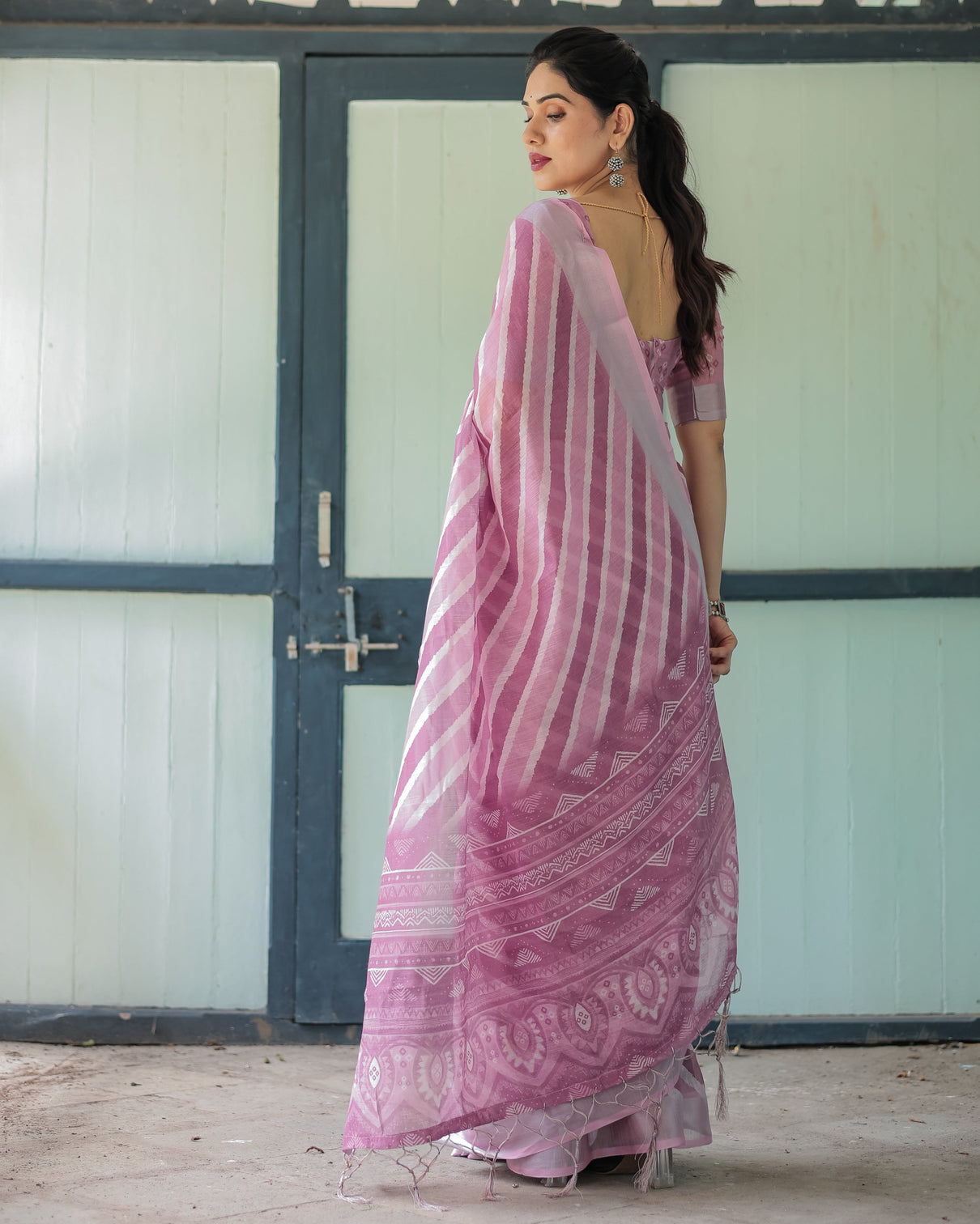 Purple chevron print pure cotton linen saree with blouse and tassels
