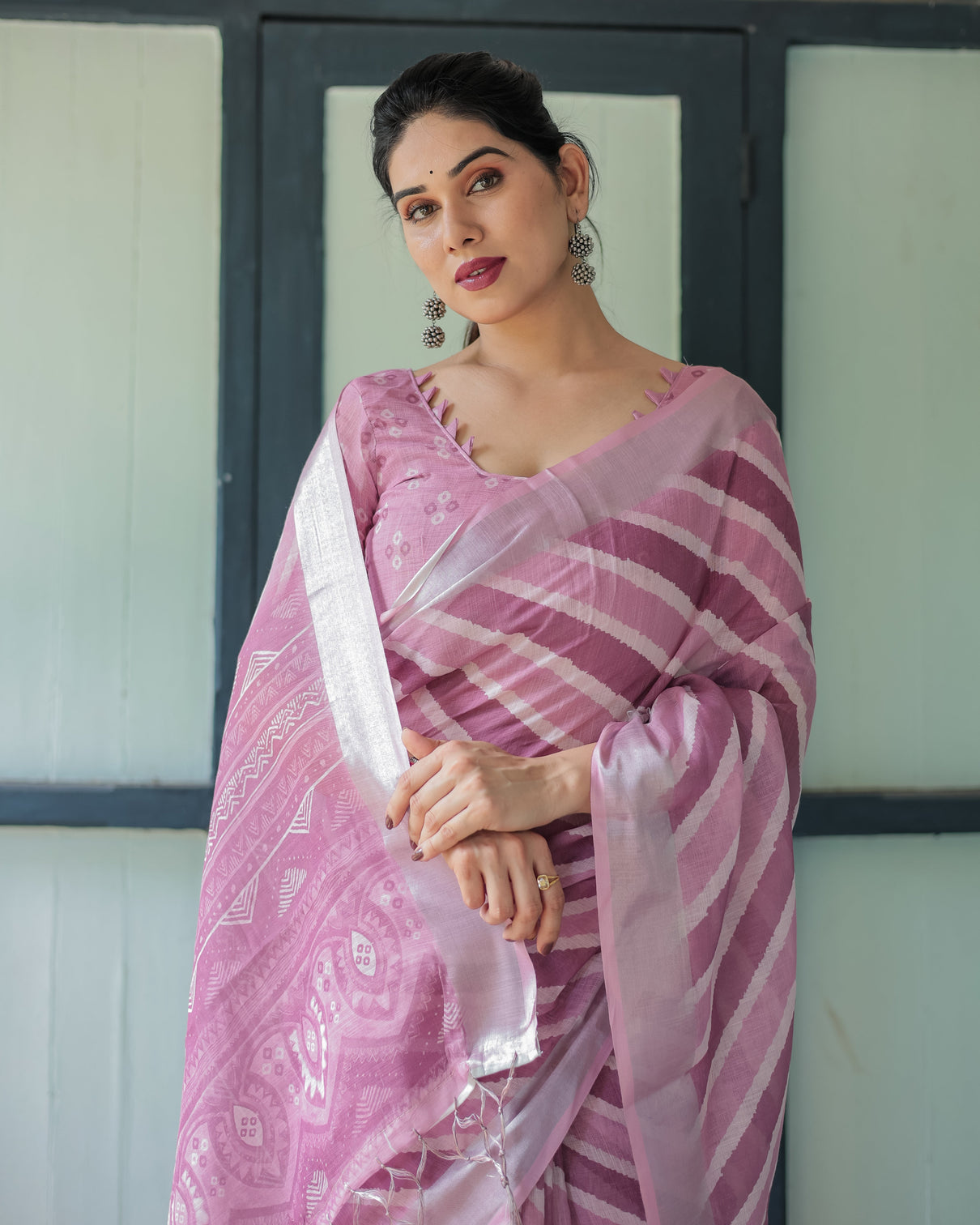 Purple chevron print pure cotton linen saree with blouse and tassels