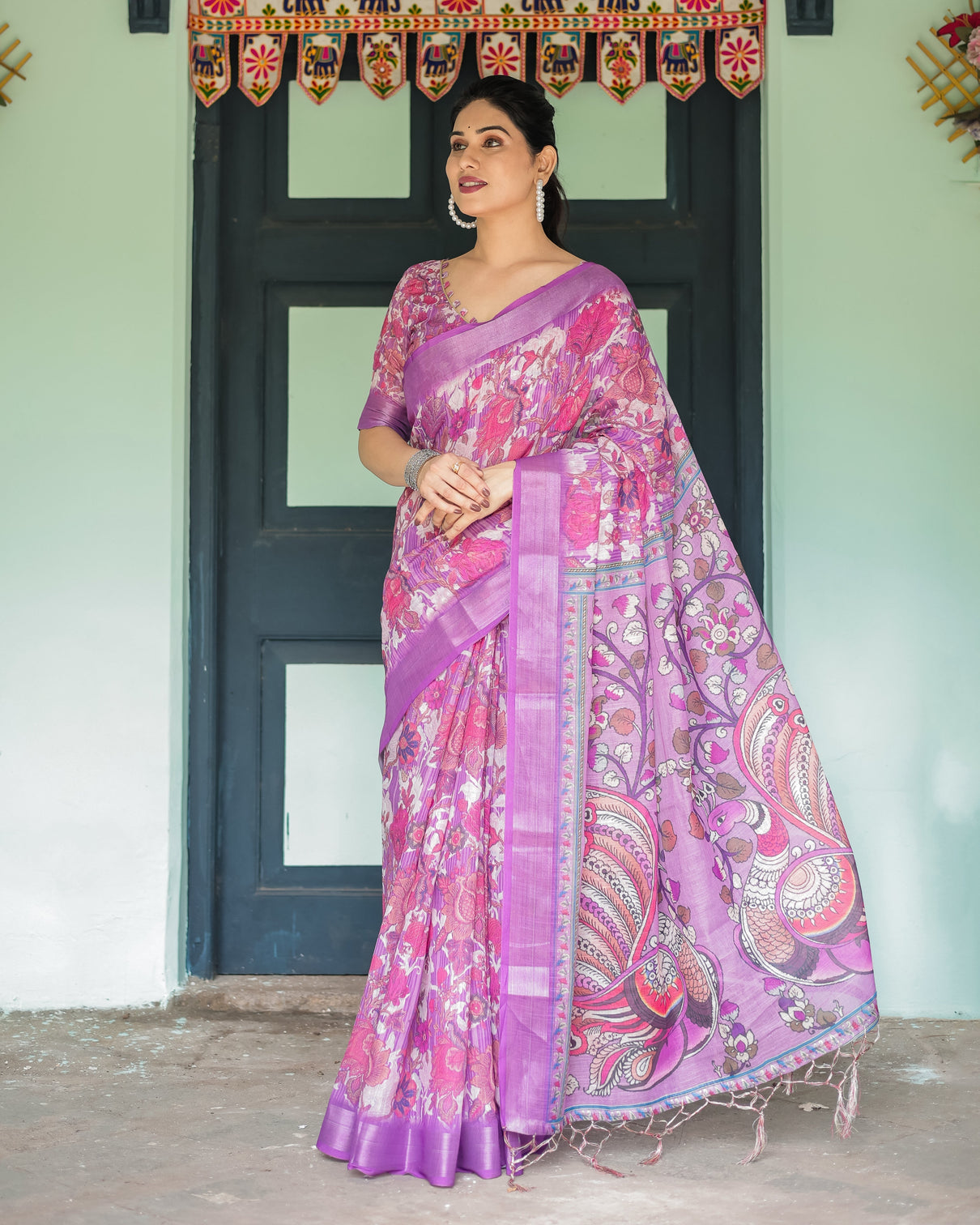 Purple and pink floral printed pure cotton linen saree with blouse and tassels