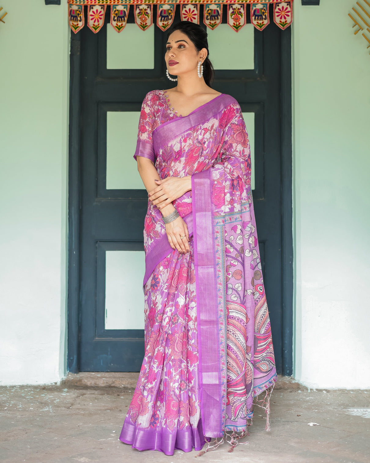 Purple and pink floral printed pure cotton linen saree with blouse and tassels mameraa