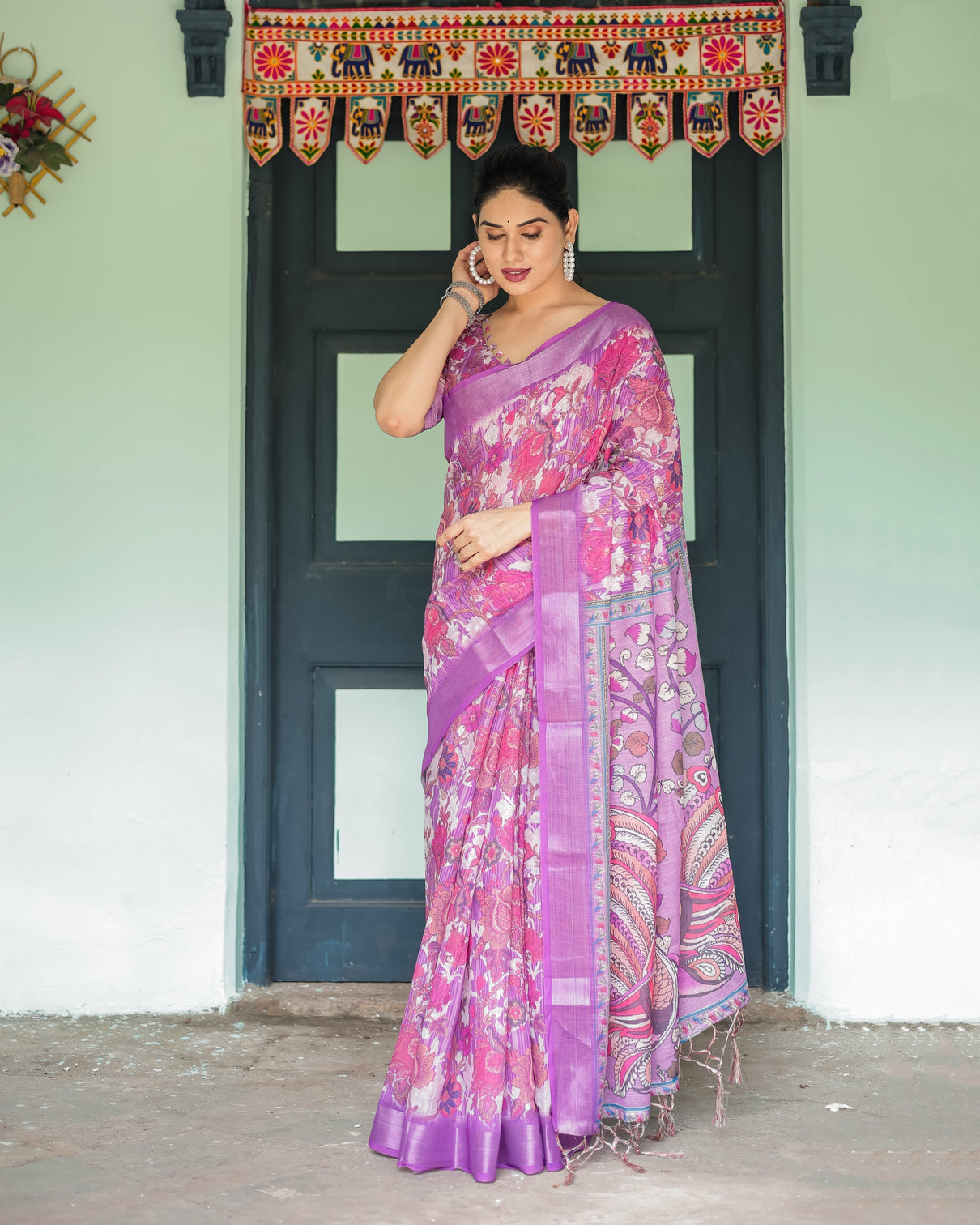 Purple and pink floral printed pure cotton linen saree with blouse and tassels