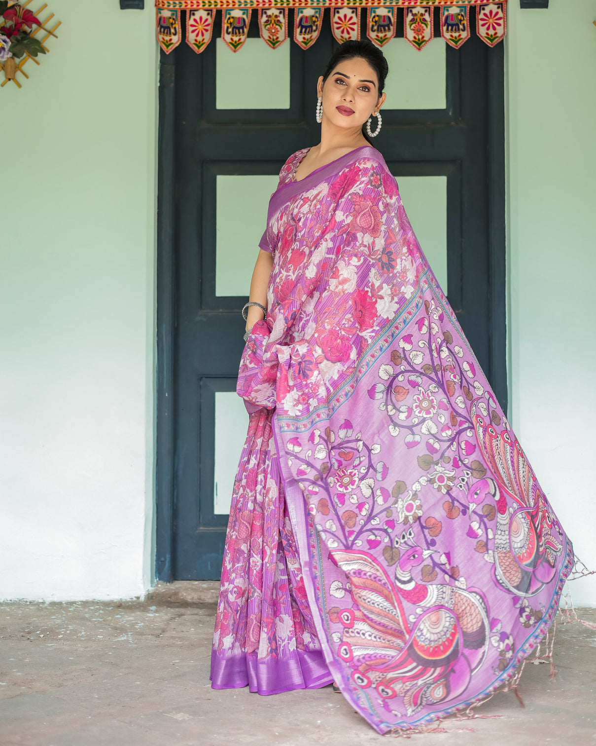 Purple and pink floral printed pure cotton linen saree with blouse and tassels