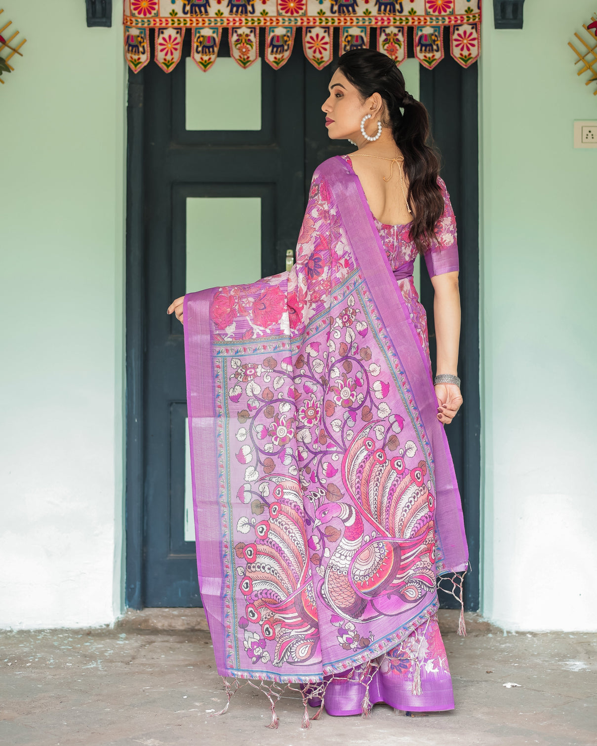 Purple and pink floral printed pure cotton linen saree with blouse and tassels