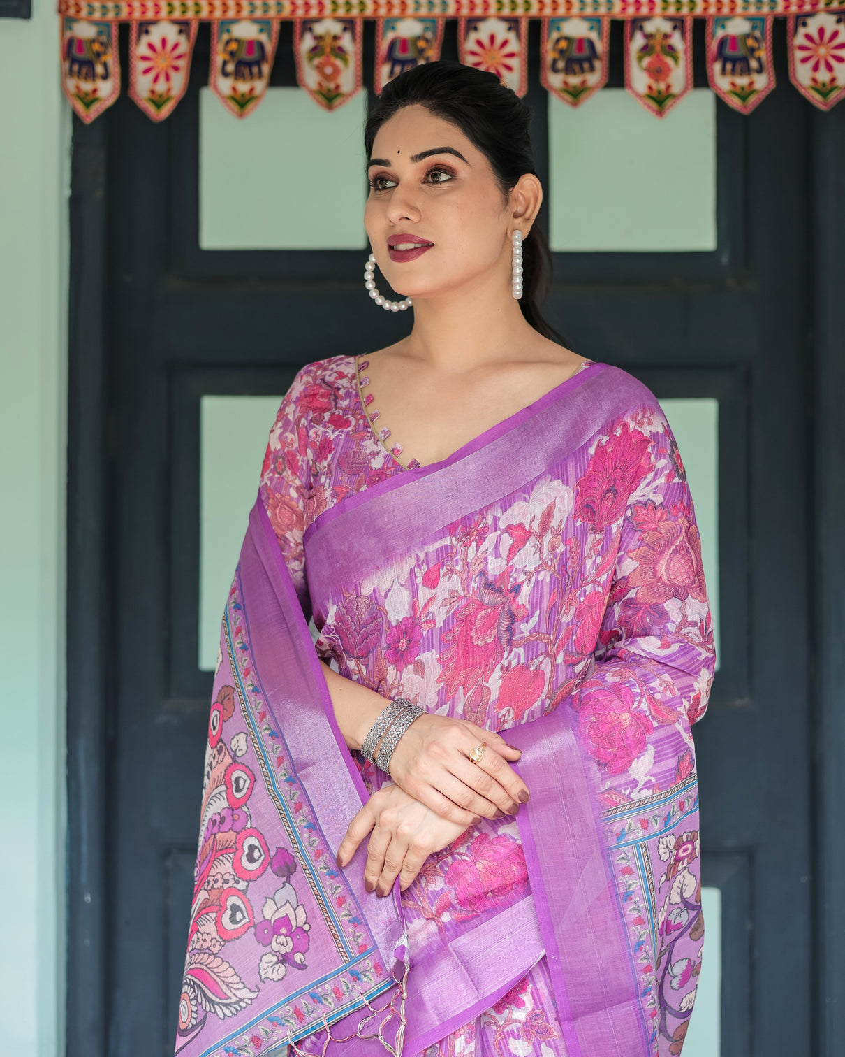 Purple and pink floral printed pure cotton linen saree with blouse and tassels