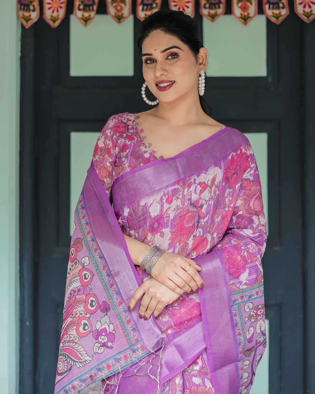 Purple and pink floral printed pure cotton linen saree with blouse and tassels