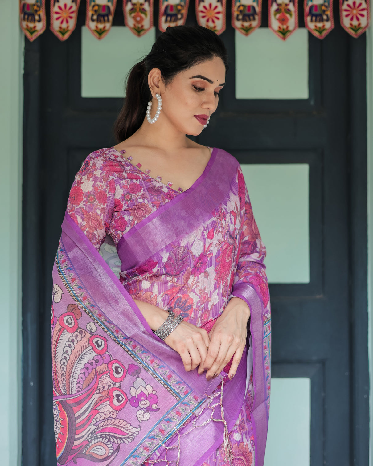 Purple and pink floral printed pure cotton linen saree with blouse and tassels
