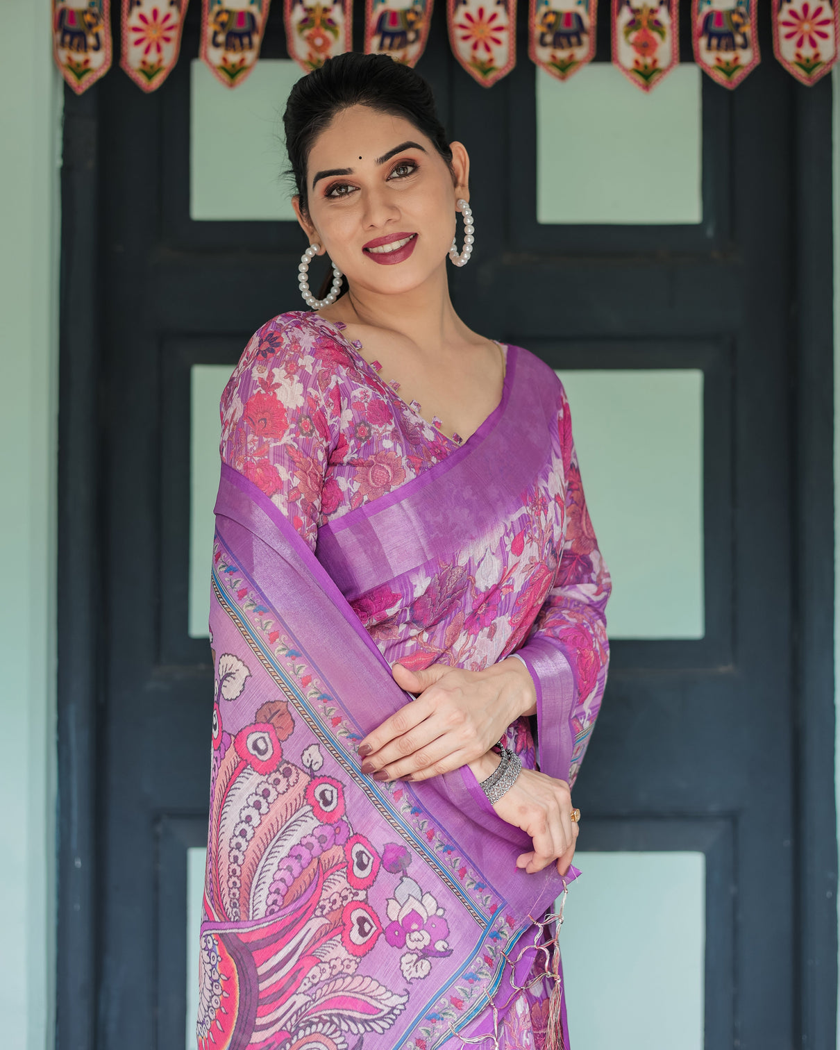 Purple and pink floral printed pure cotton linen saree with blouse and tassels