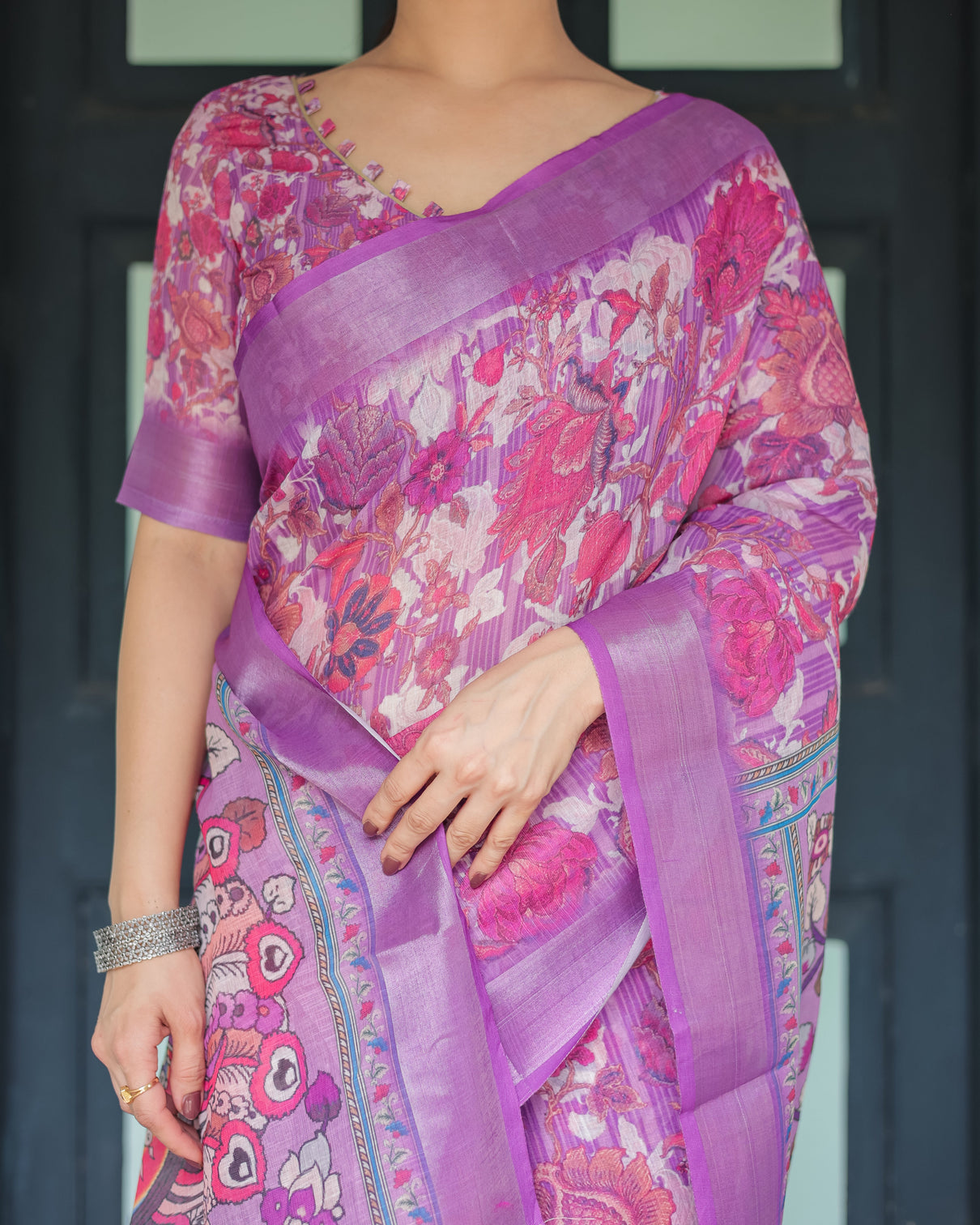 Purple and pink floral printed pure cotton linen saree with blouse and tassels