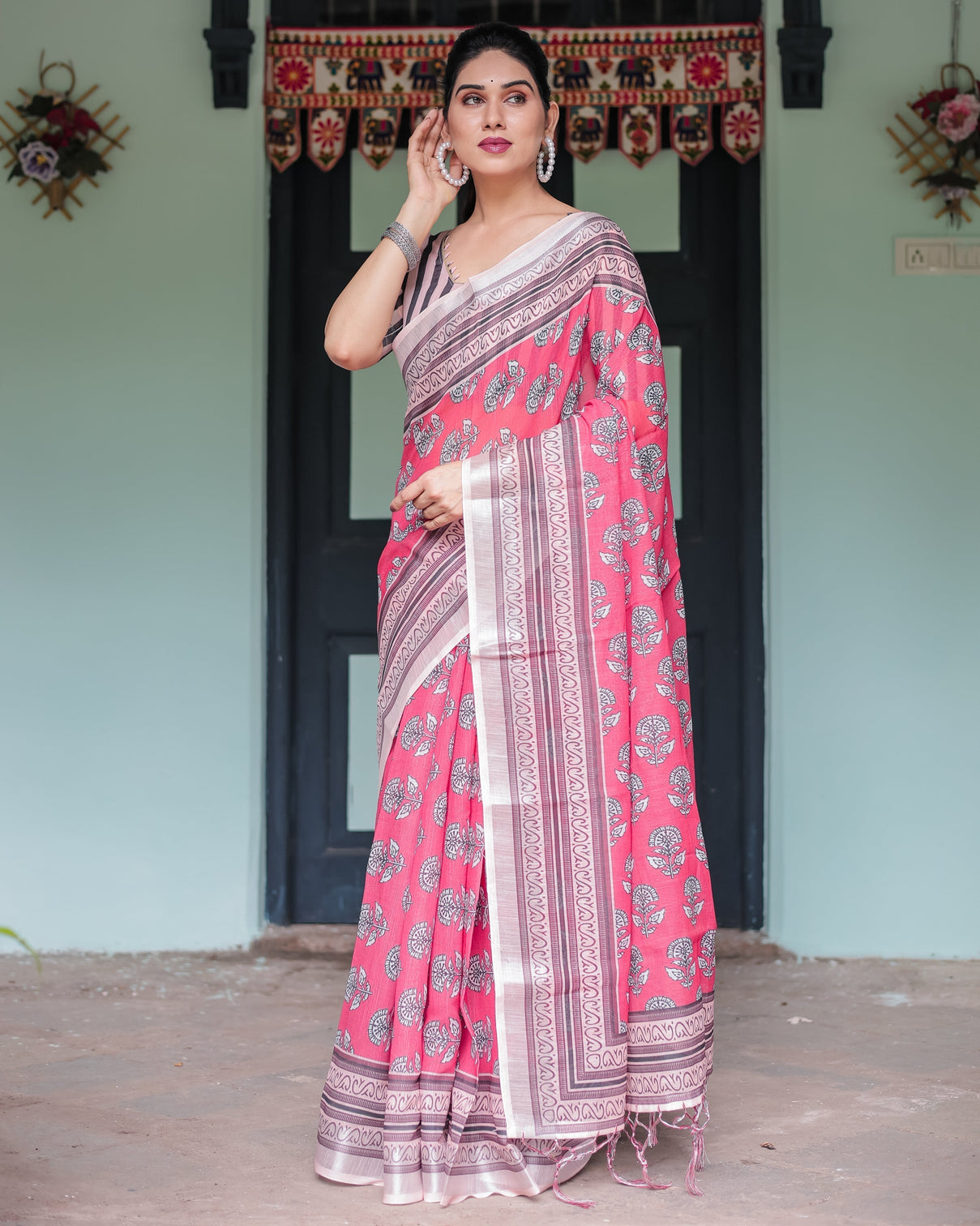Pink and beige floral printed pure cotton linen saree with striped blouse and tassels on edges mameraa