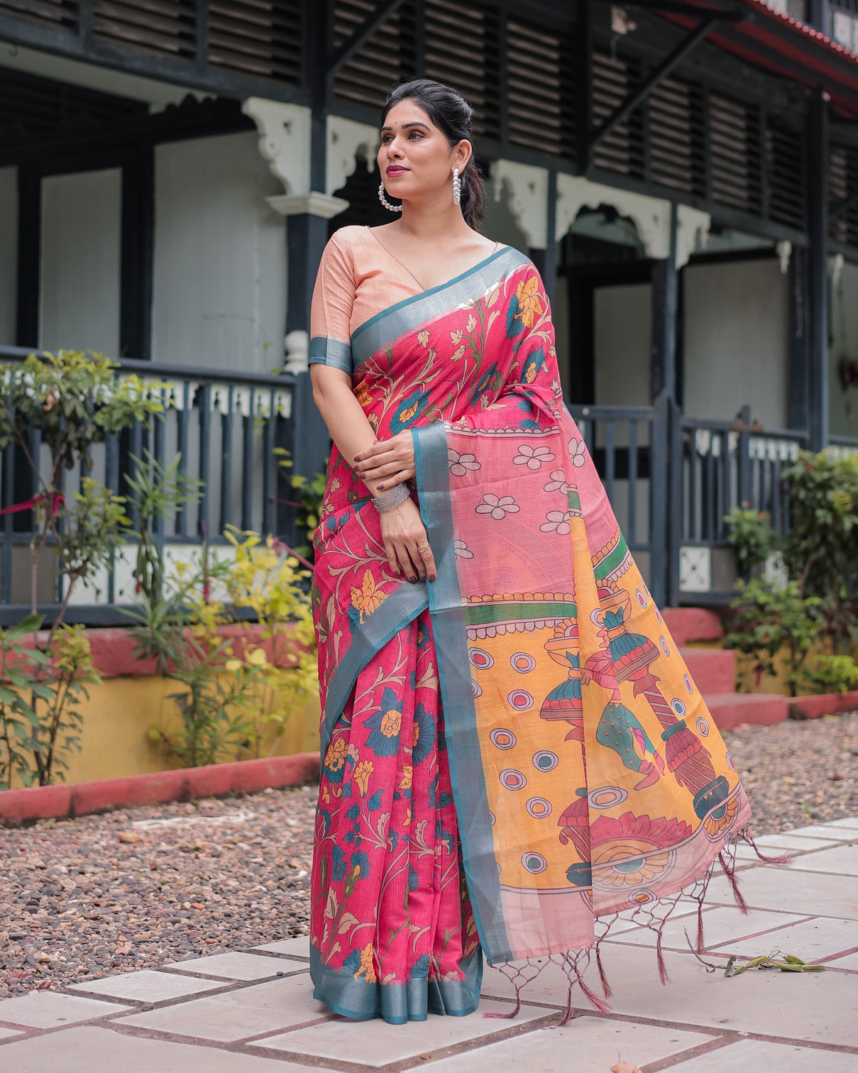 Pink and orange pure cotton linen saree with floral kalamkari print blue border and tassels