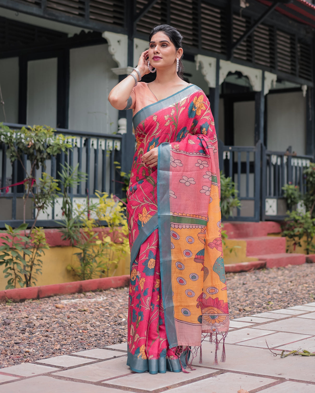 Pink and orange pure cotton linen saree with floral kalamkari print blue border and tassels