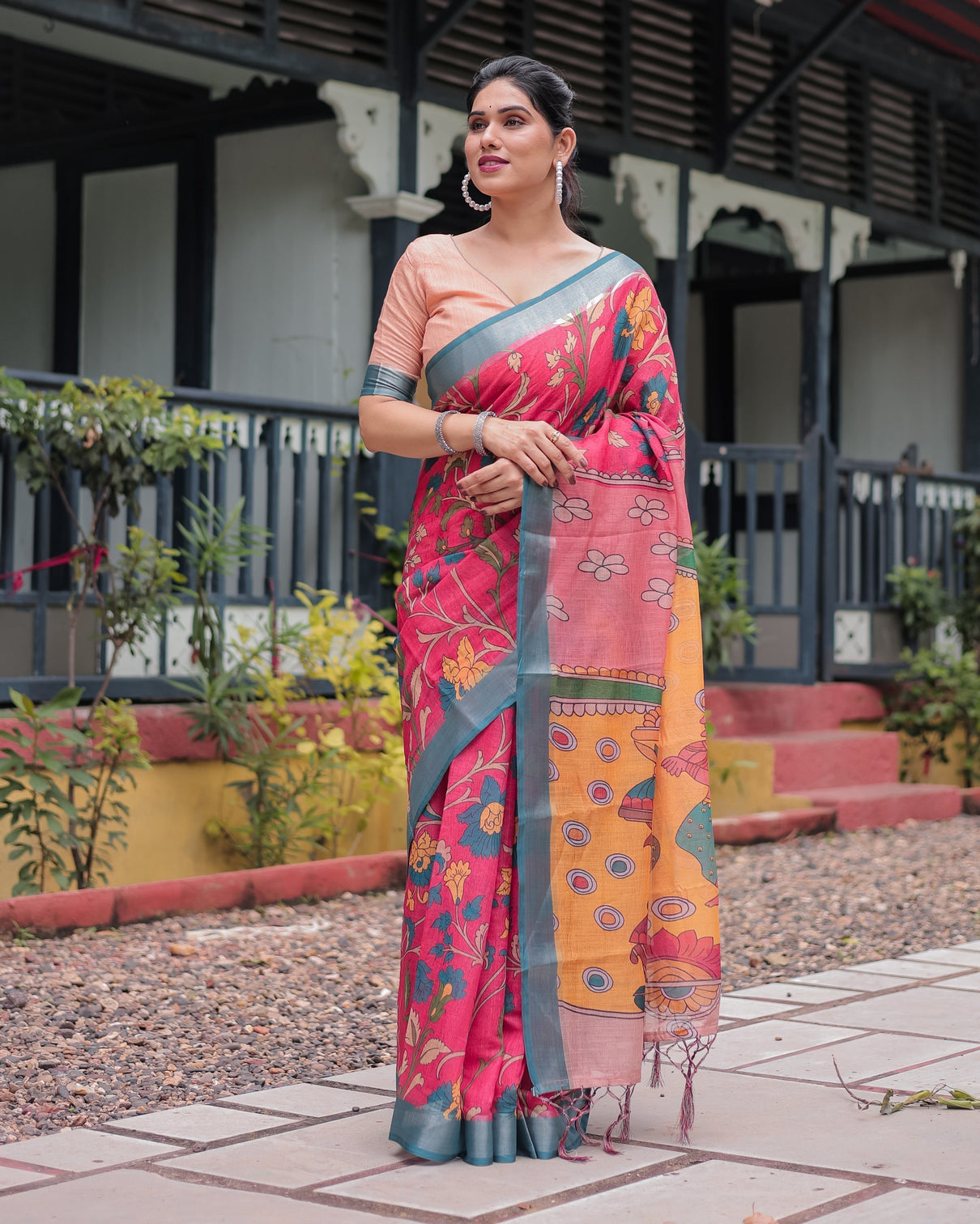 Pink and orange pure cotton linen saree with floral kalamkari print blue border and tassels mameraa