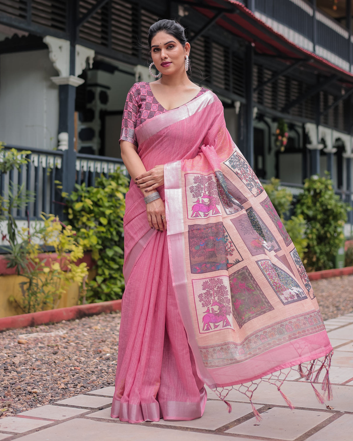 Pink pure cotton linen saree with floral and nature print silver border tassels