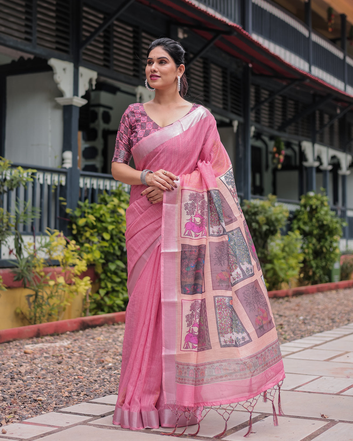 Pink pure cotton linen saree with floral and nature print silver border tassels