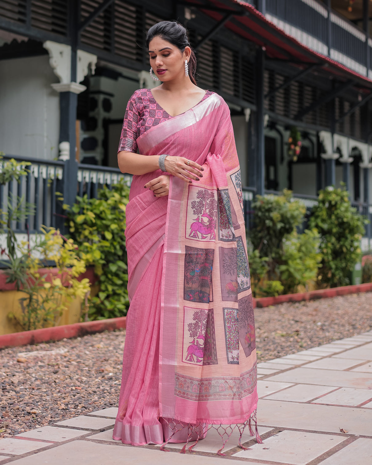Pink pure cotton linen saree with floral and nature print silver border tassels