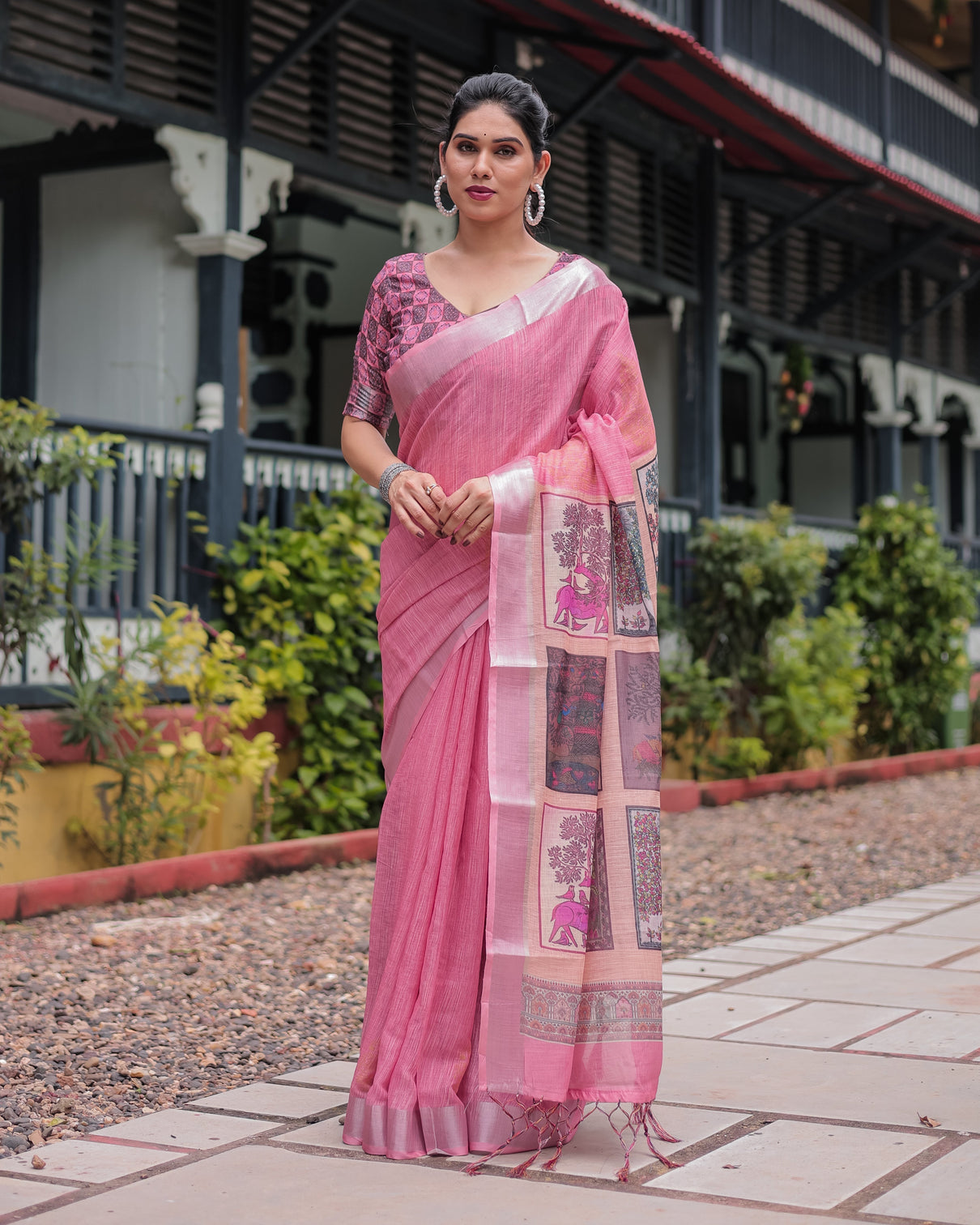 Pink pure cotton linen saree with floral and nature print silver border tassels mameraa