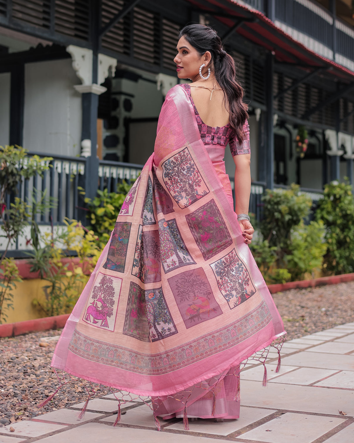 Pink pure cotton linen saree with floral and nature print silver border tassels