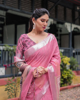 Pink Pure Cotton Linen Saree with Floral and Nature Print, Silver Border & Tassels