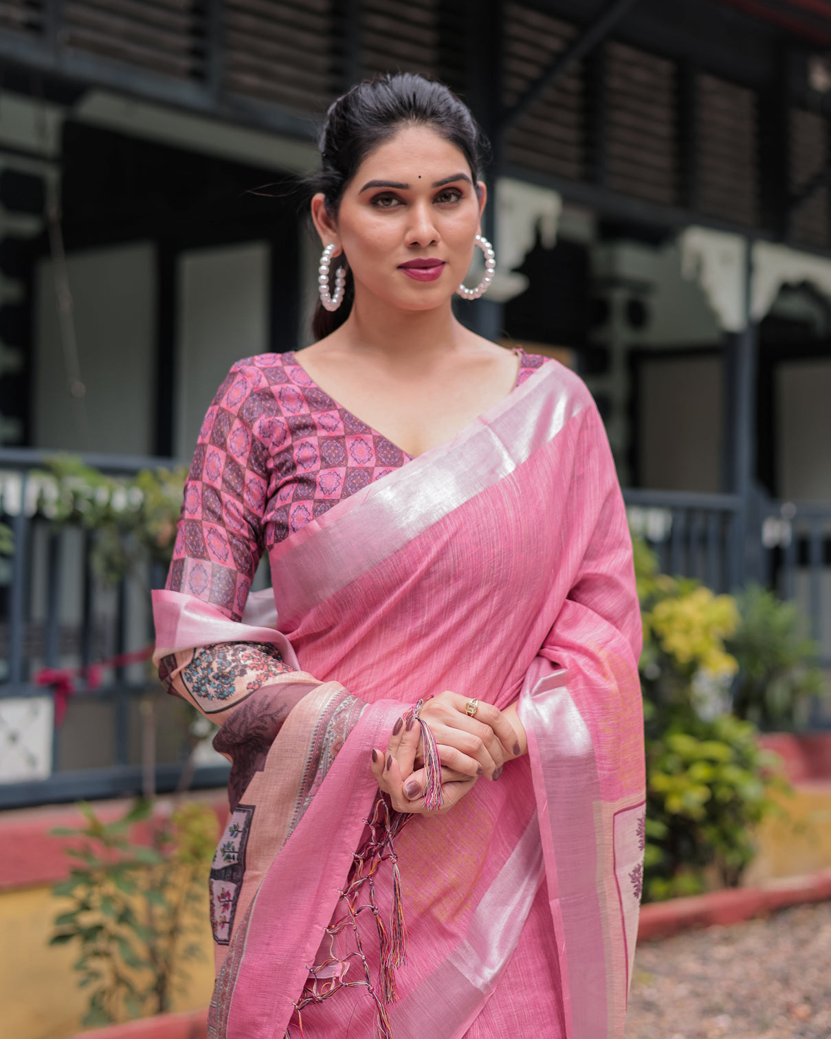 Pink pure cotton linen saree with floral and nature print silver border tassels