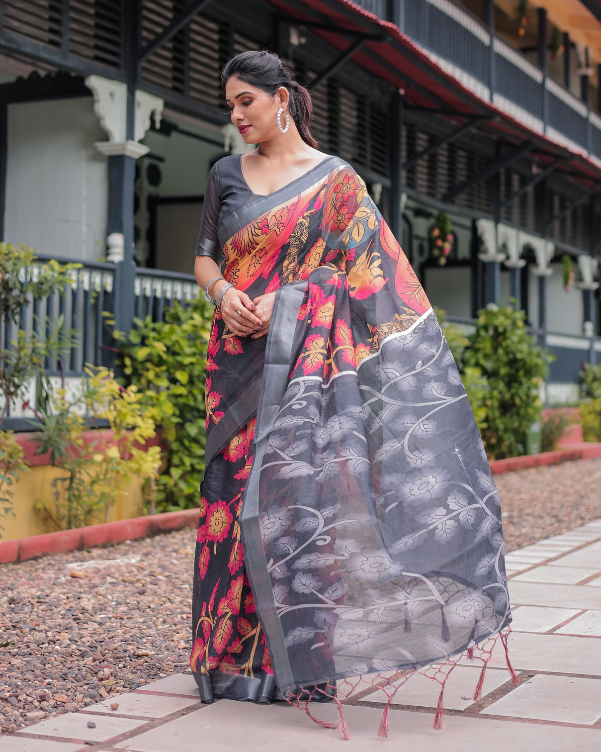 Multicolor floral design pure cotton linen saree with blouse and tassels