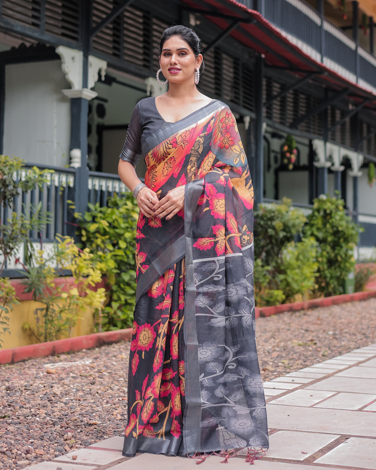 Multicolor floral design pure cotton linen saree with blouse and tassels mameraa