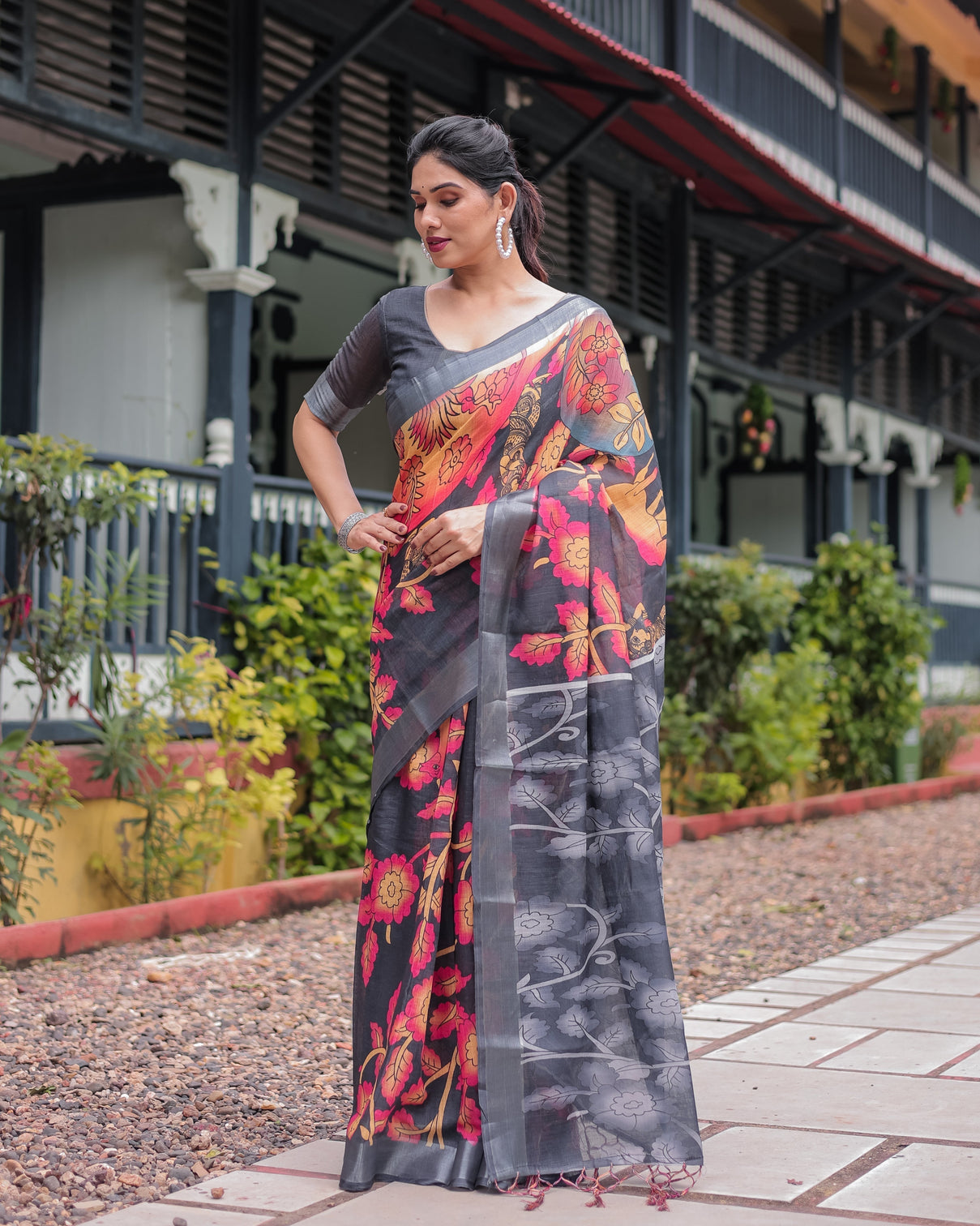 Multicolor floral design pure cotton linen saree with blouse and tassels