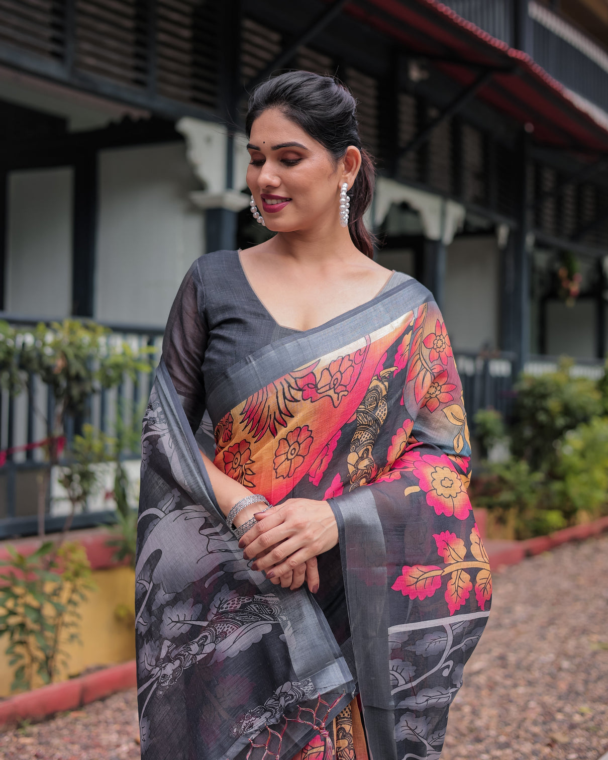 Multicolor floral design pure cotton linen saree with blouse and tassels
