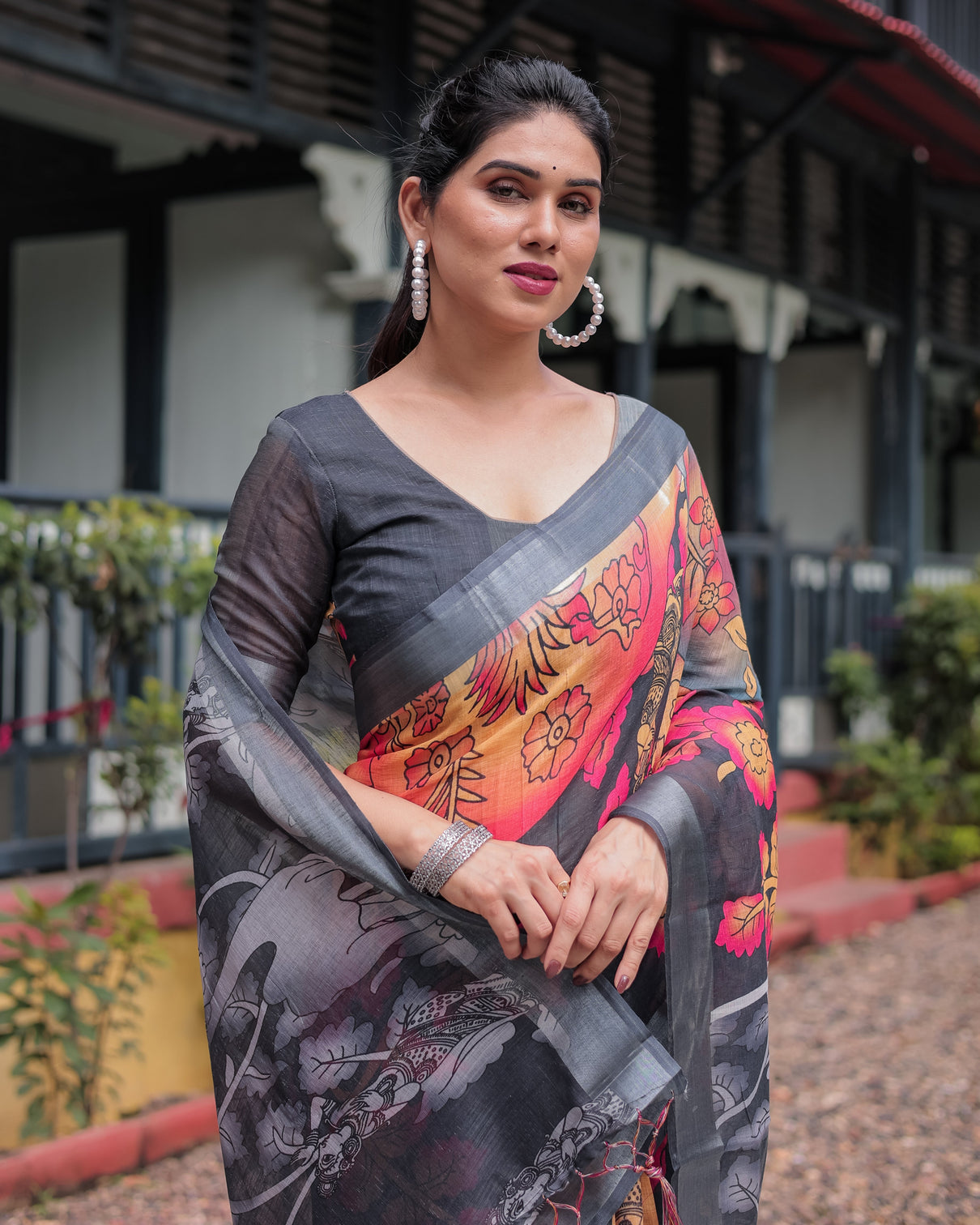 Multicolor floral design pure cotton linen saree with blouse and tassels