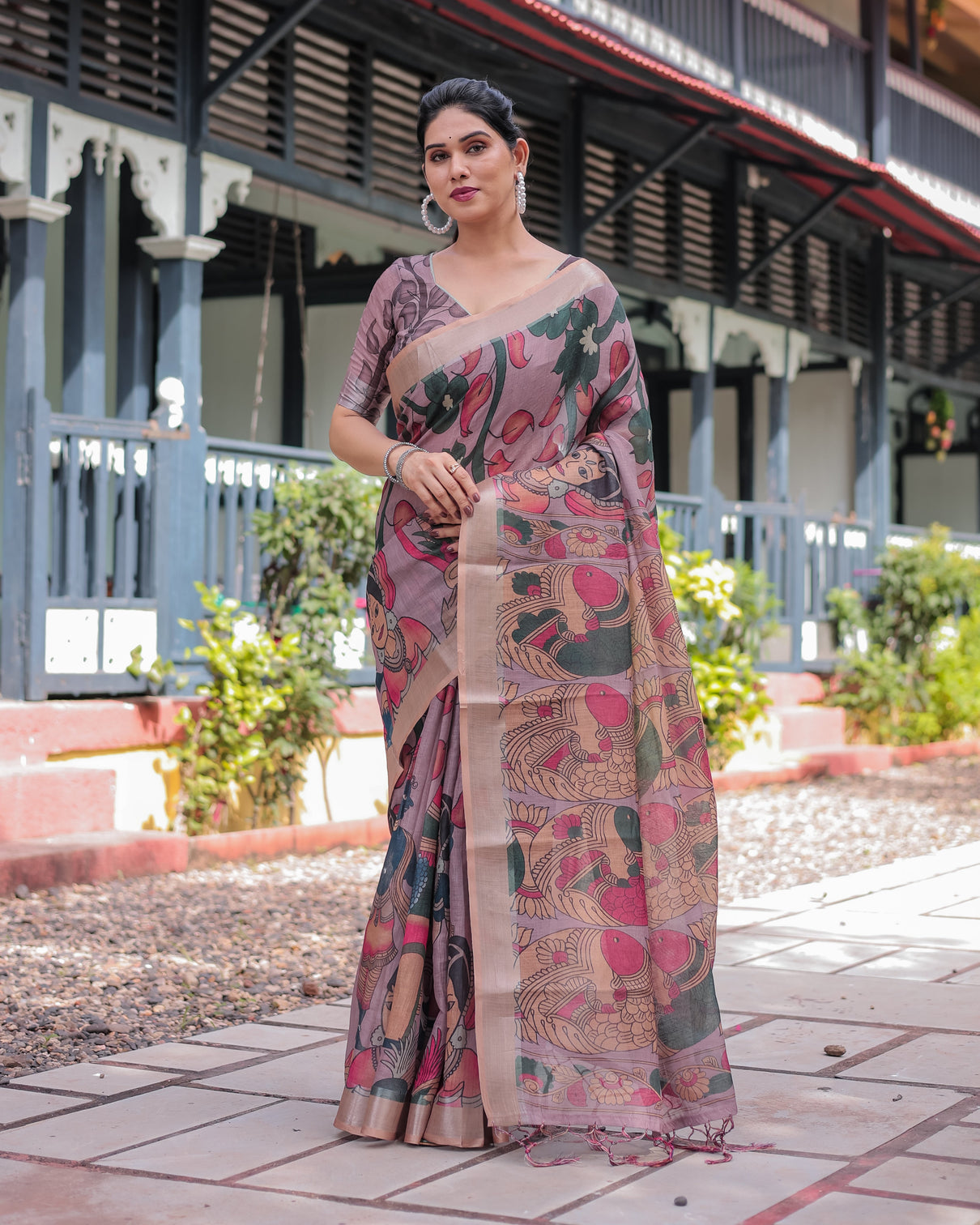 Pastel peach kalamkari design pure cotton linen saree with blouse and tassels