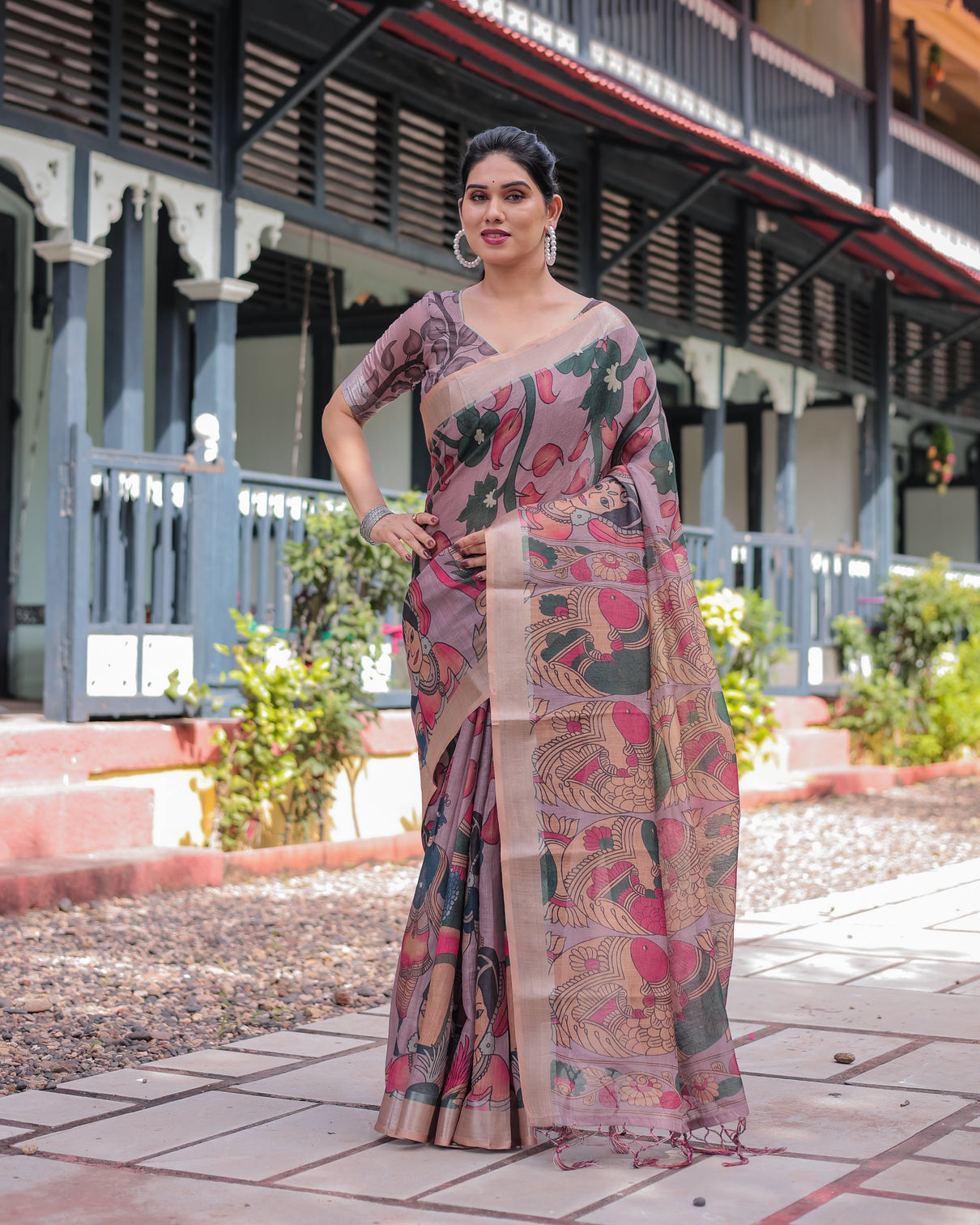 Pastel peach kalamkari design pure cotton linen saree with blouse and tassels