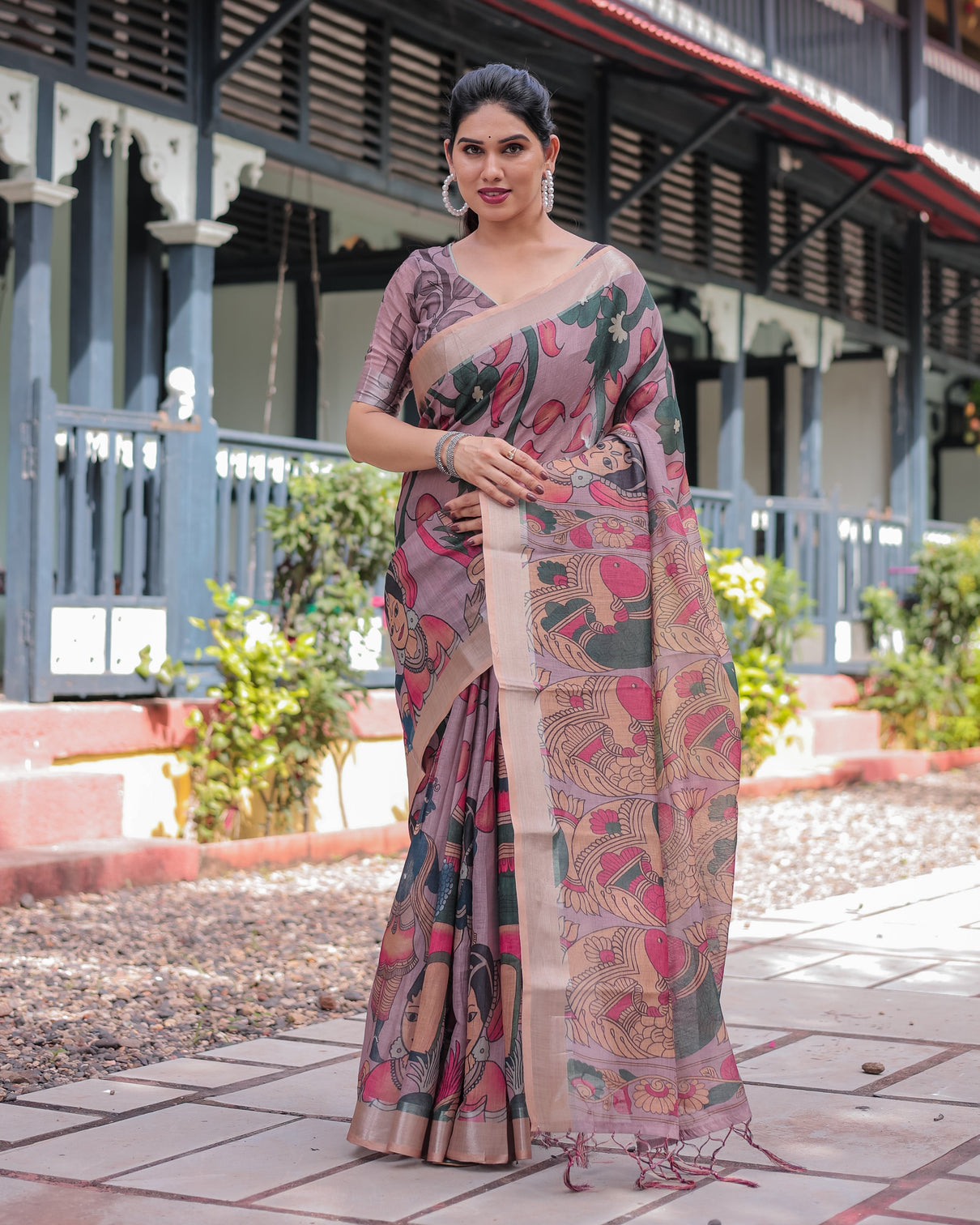 Pastel peach kalamkari design pure cotton linen saree with blouse and tassels mameraa
